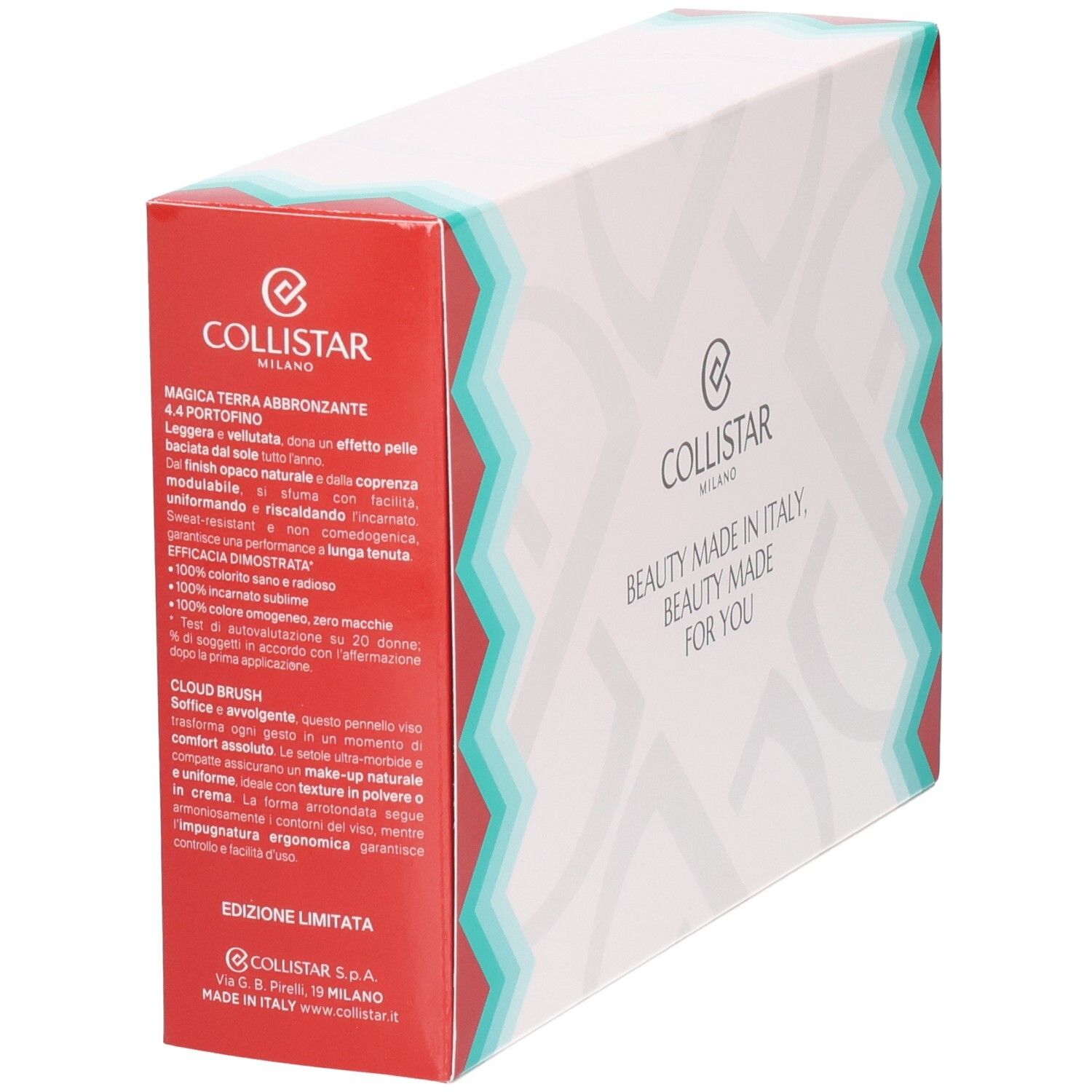 Verpackung mit Text und Logo. Rote Seite mit Produktinformationen. Türkis-weißes Zickzack-Muster. Text: Collistar Milano.
