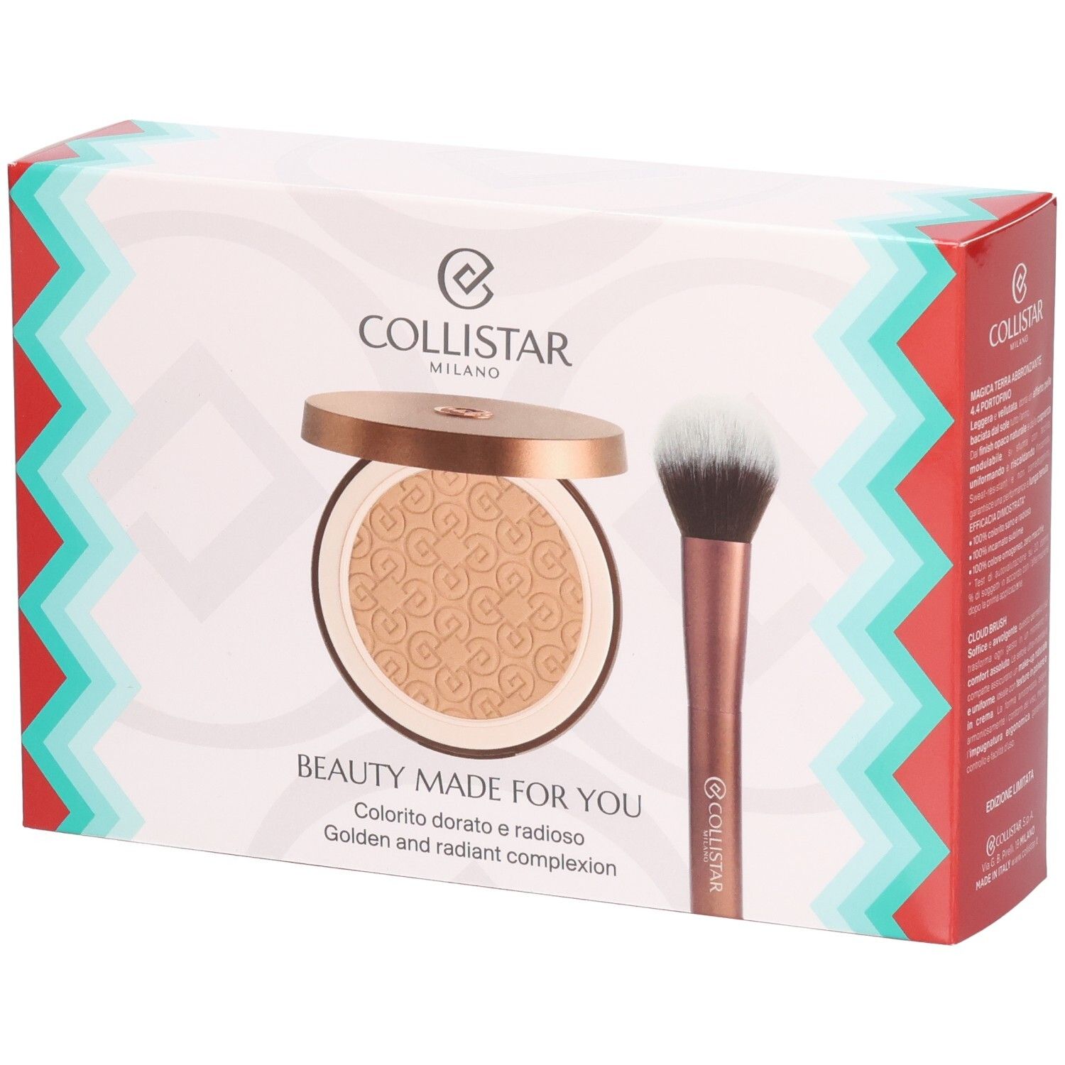 Produkt-Set mit Puder und Pinsel. Goldfarbener Puder in runder Dose. Brauner Pinsel. Text: Beauty Made for You.
