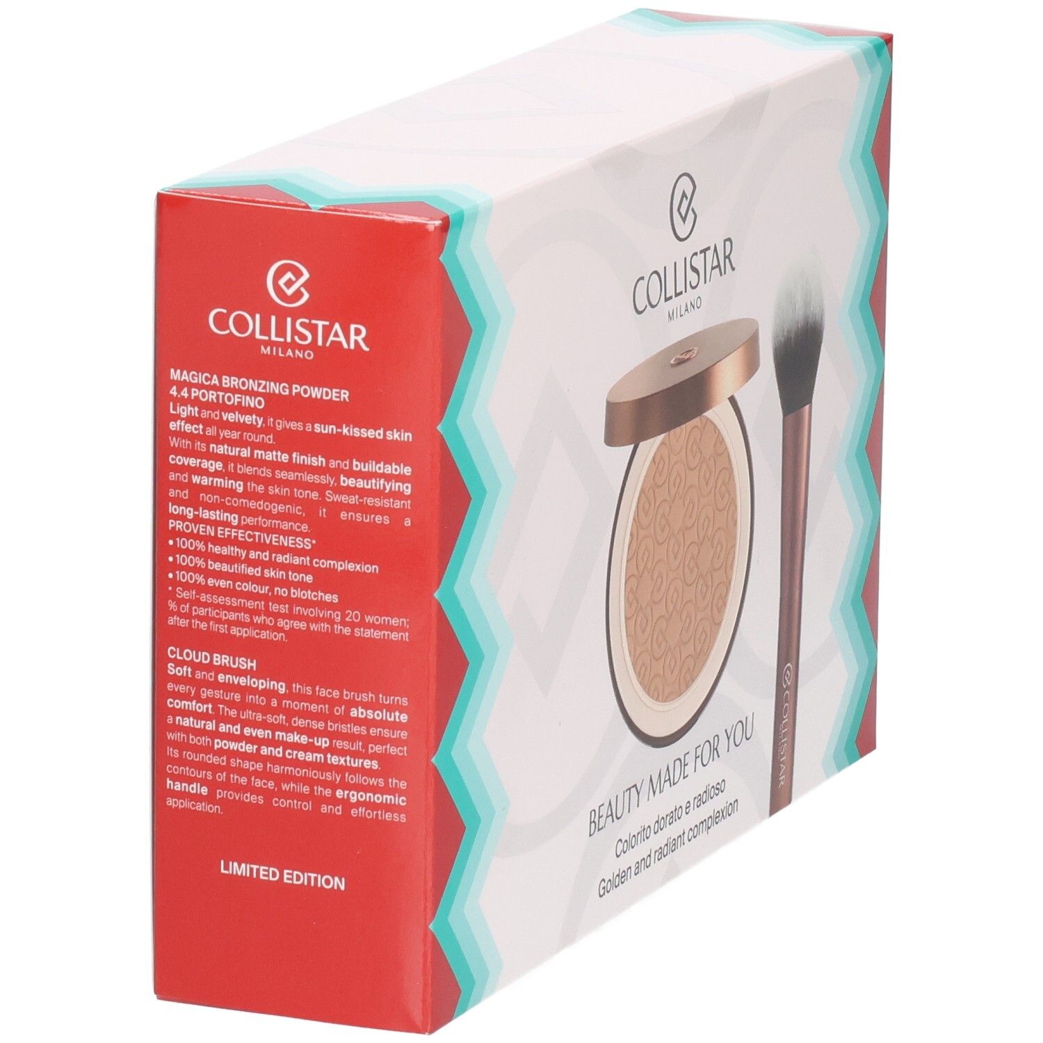 Produkt-Set mit Puder und Pinsel. Goldfarbener Puder in runder Dose. Brauner Pinsel. Text: Beauty Made for You.