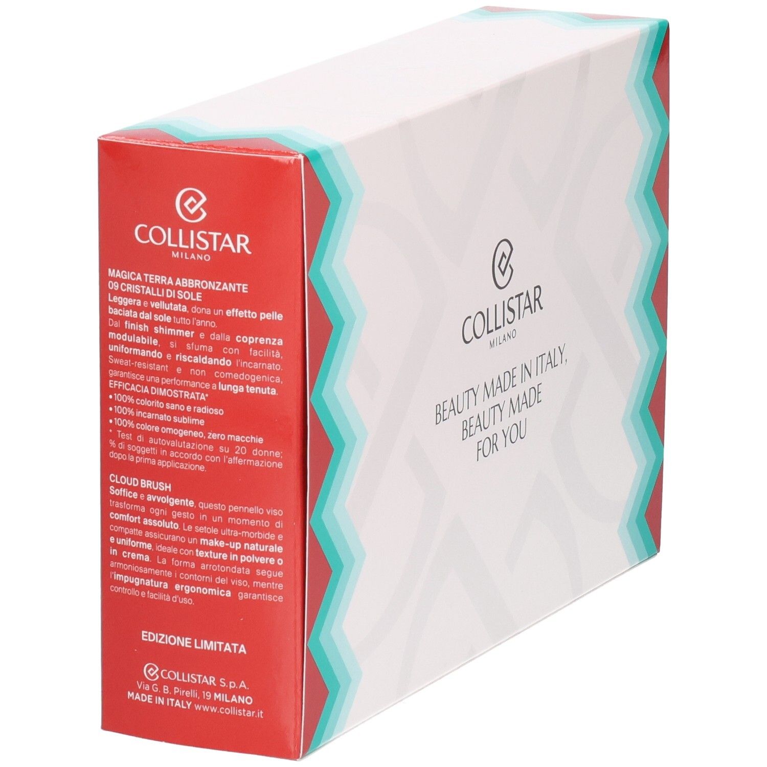 Collistar-Verpackung mit Produktinformationen. Text: Magica Terra Abbronzante, Cloud Brush. Rote und türkisfarbene Zickzack-Muster.