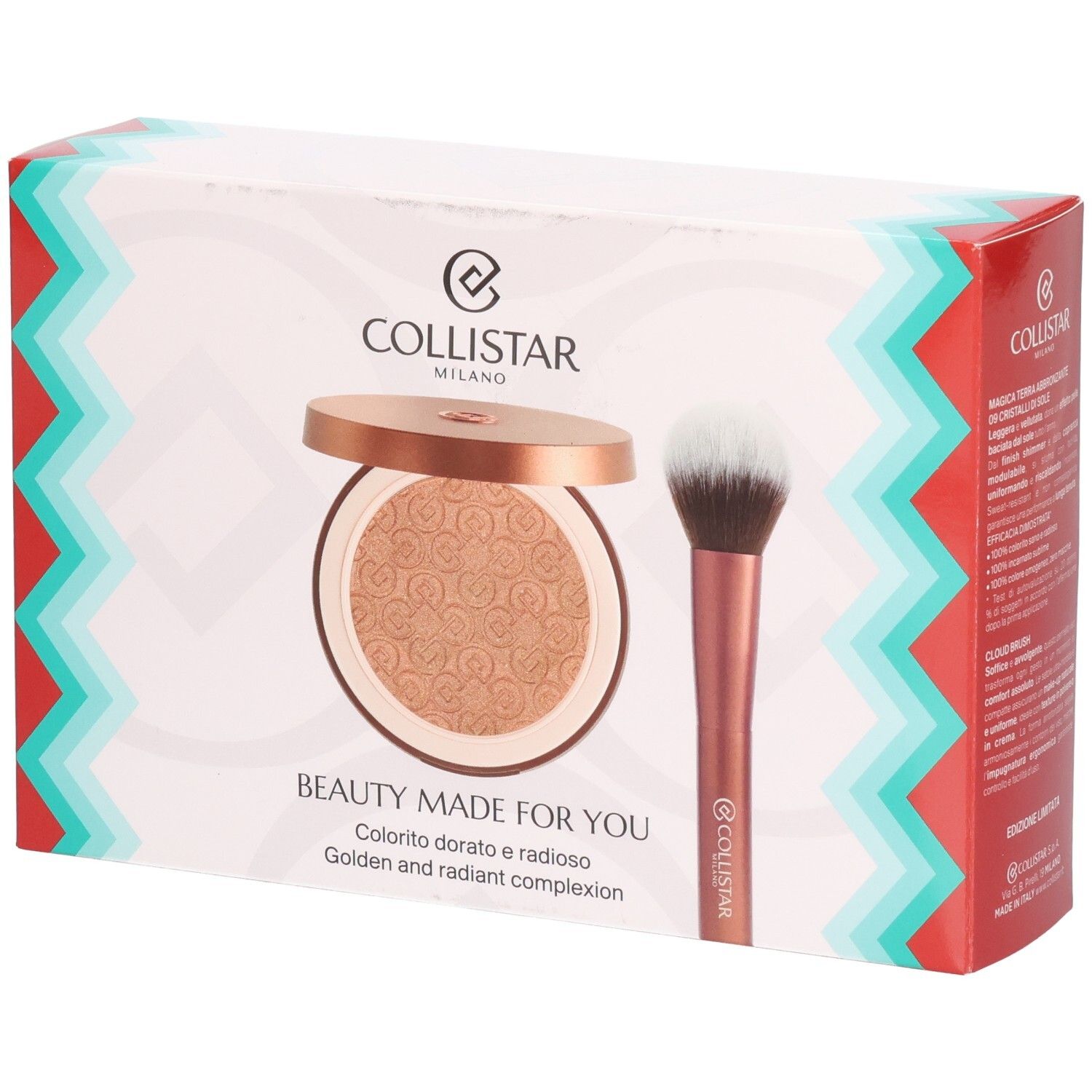 Collistar-Geschenkset mit Puder und Pinsel. Puder in goldener Dose, Pinsel mit braunem Griff. Text: Beauty Made for You.