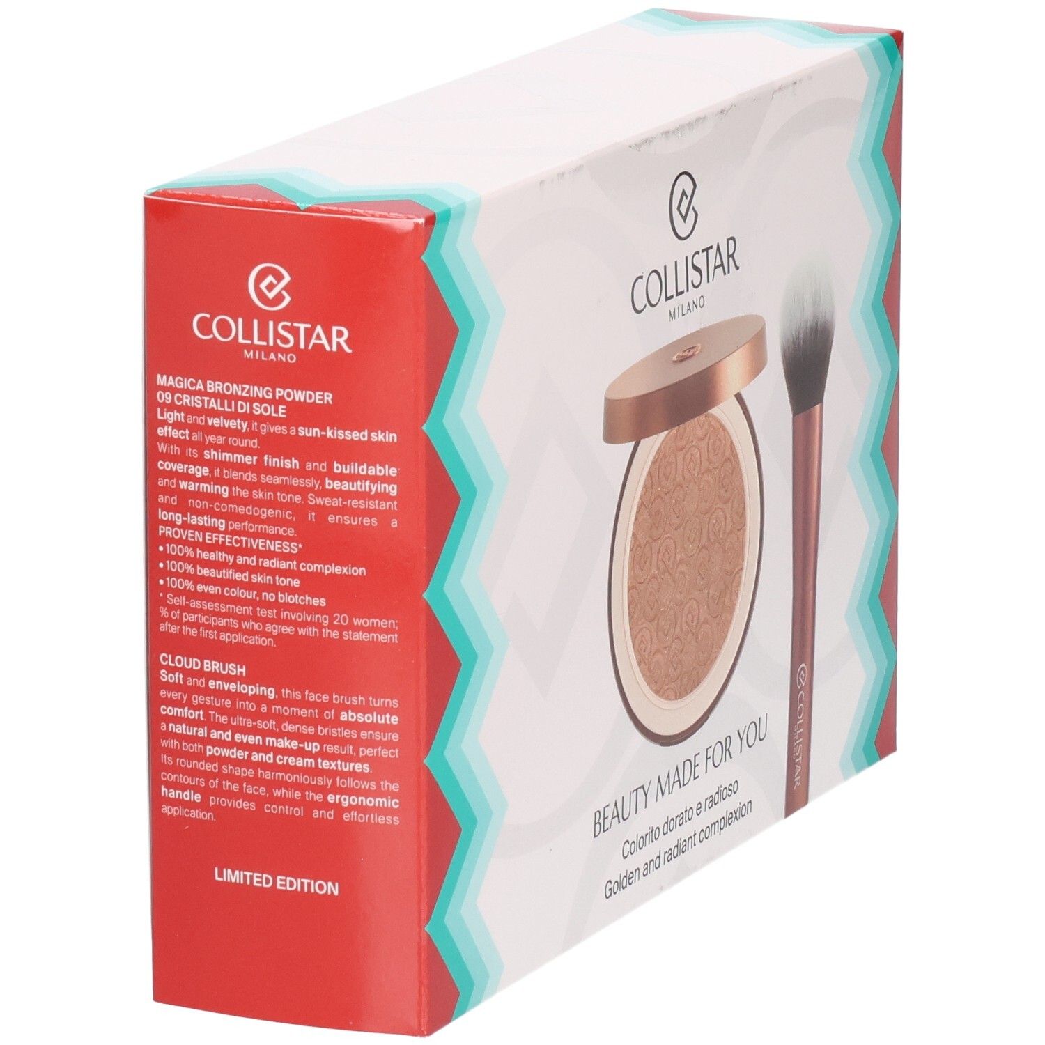 Collistar-Geschenkset mit Puder, Pinsel und Produktinformationen. Puder in goldener Dose, Pinsel mit braunem Griff.
