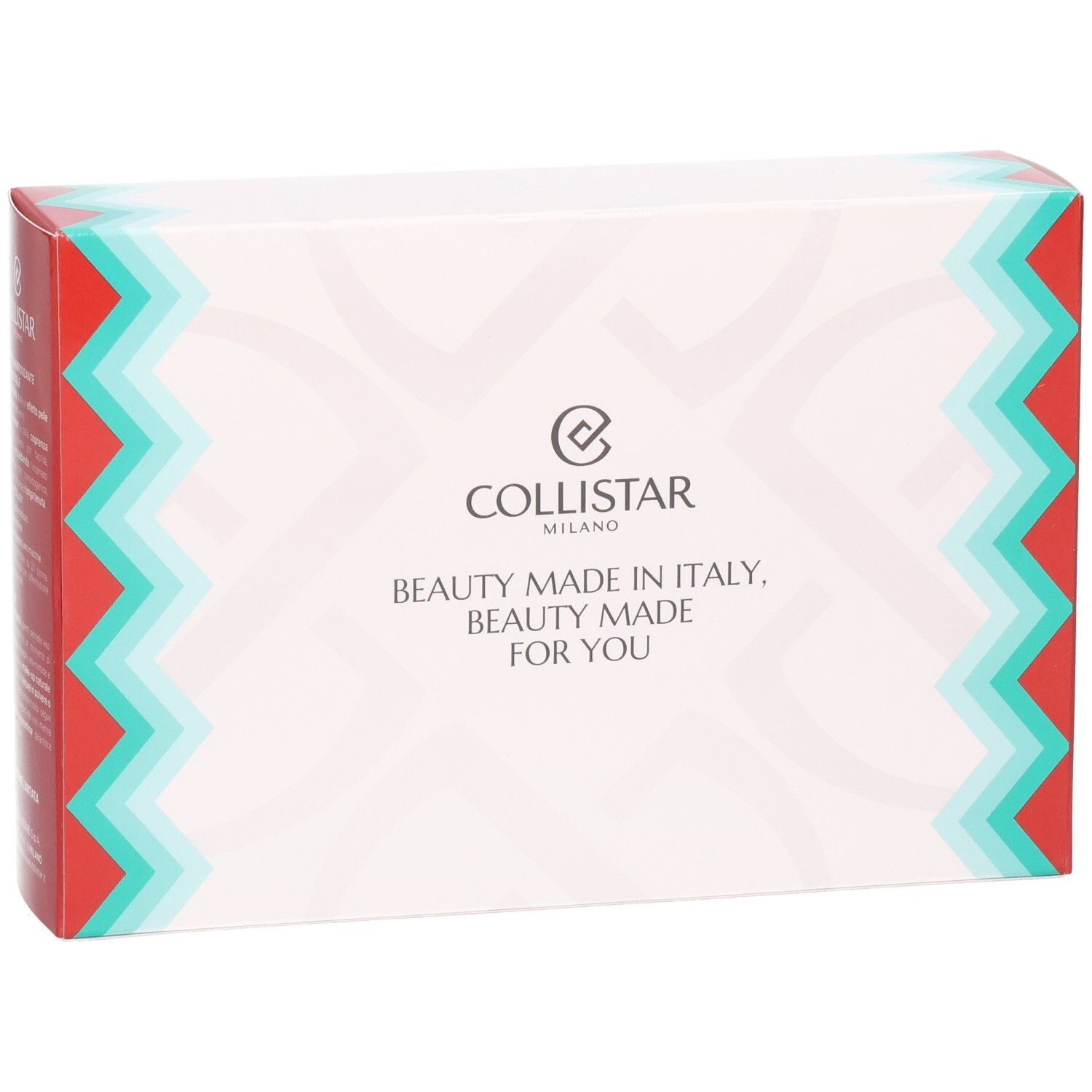 Verpackung mit Collistar-Logo und Text: Beauty Made in Italy, Beauty Made for You. Rote und türkisfarbene Zickzack-Muster.