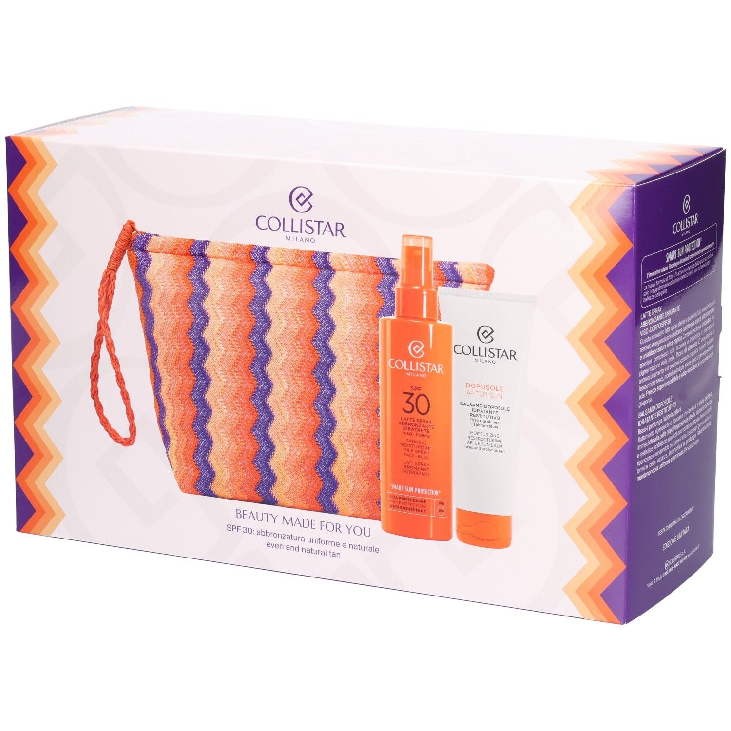 Geschenkset mit Tasche, Sonnenspray SPF30 und After-Sun-Balsam. Verpackung mit Markenlogo und Text.