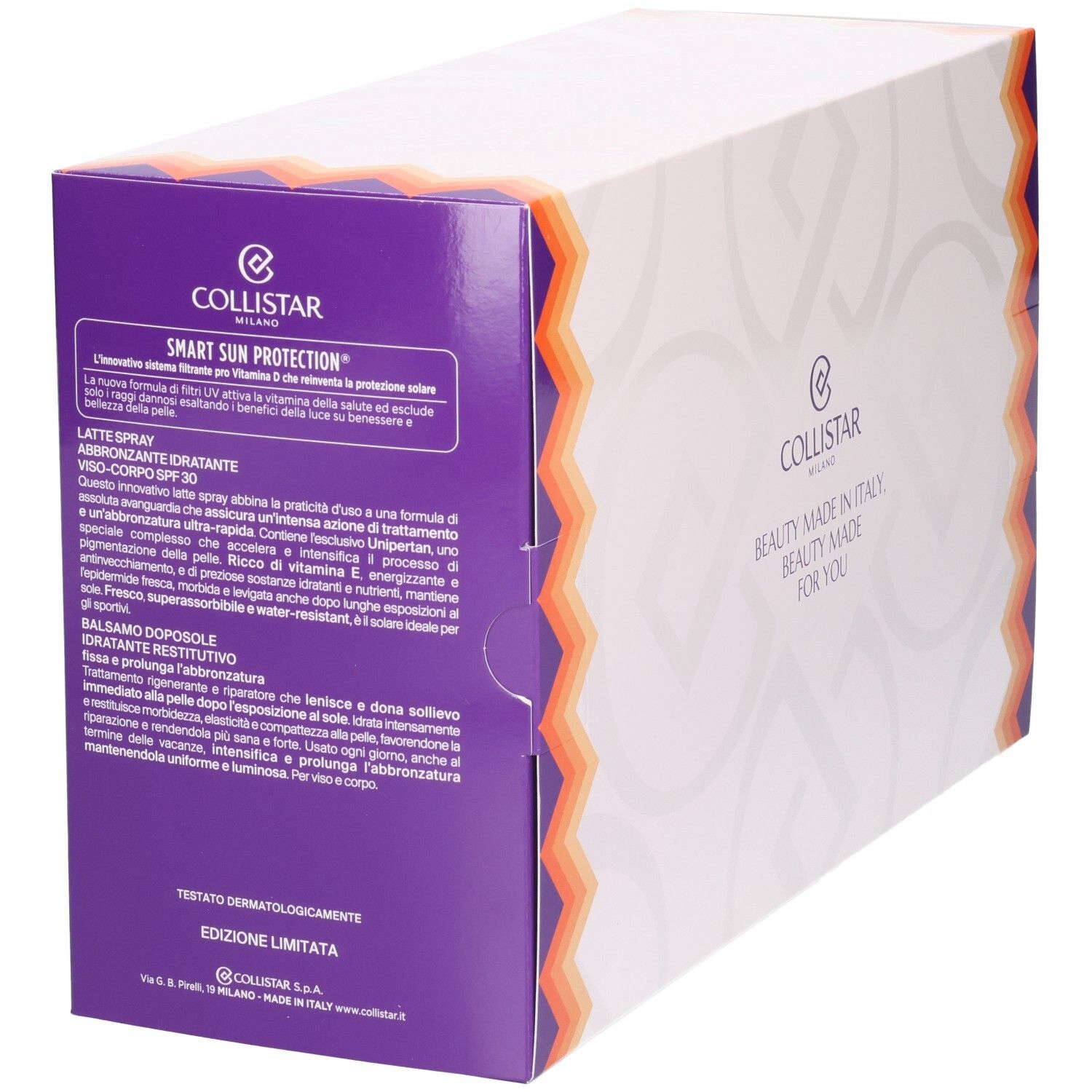 Geschenkset-Verpackung mit Text und Logo. Enthält eine Tasche, Sonnenspray und After-Sun-Balsam.