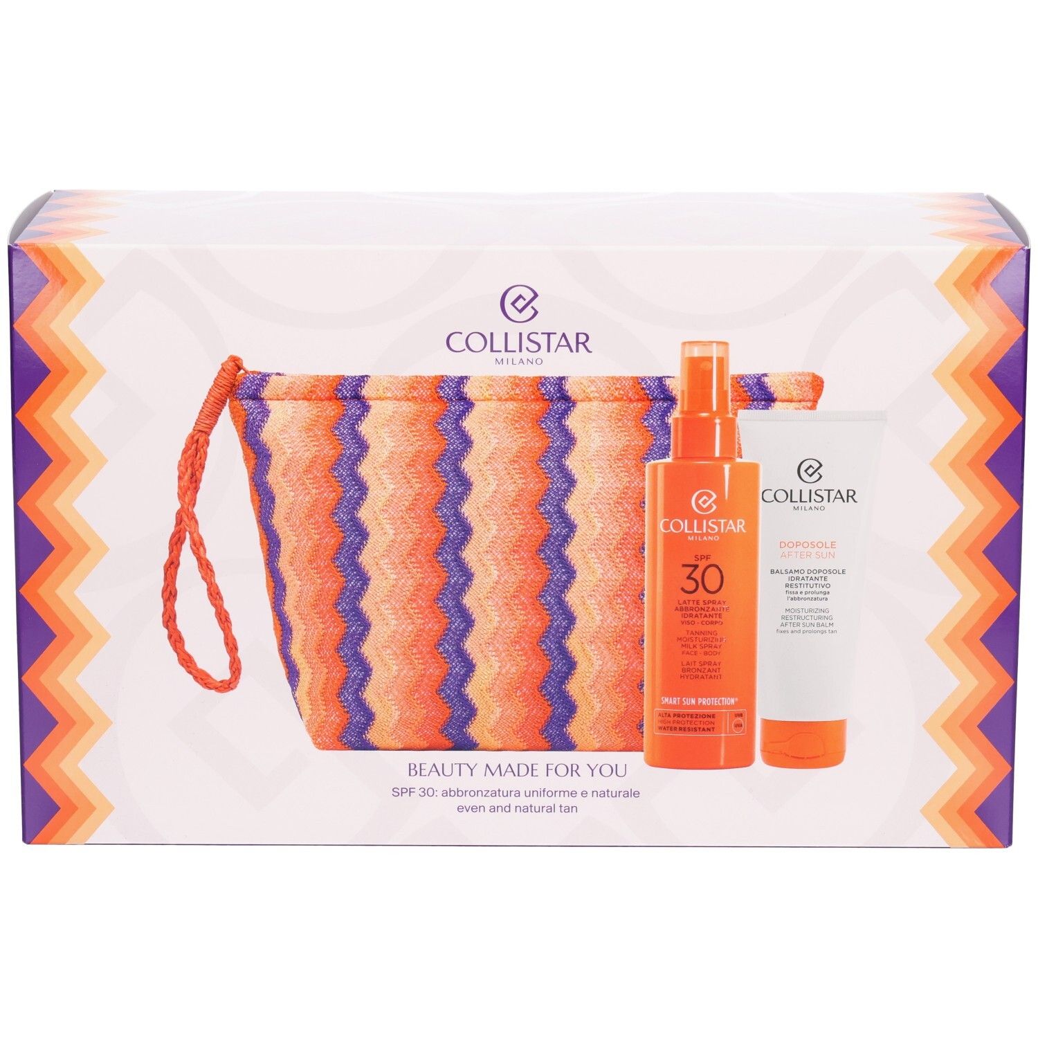 Geschenkset mit Tasche, Sonnenspray SPF30 und After-Sun-Balsam. Verpackung mit Markenlogo und Text.