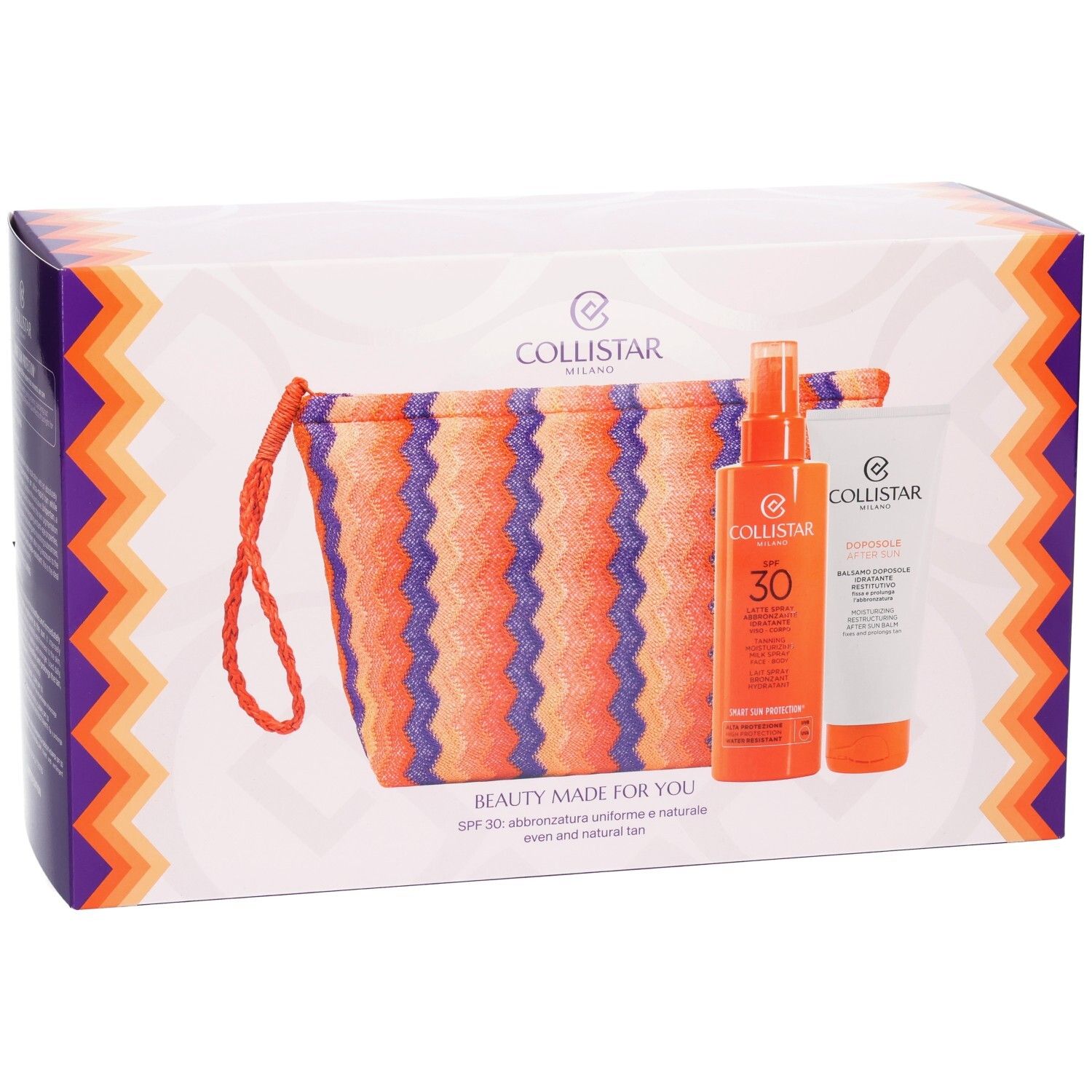 Geschenkset mit Tasche, Sonnenspray SPF30 und After-Sun-Balsam. Verpackung mit Markenlogo und Text.