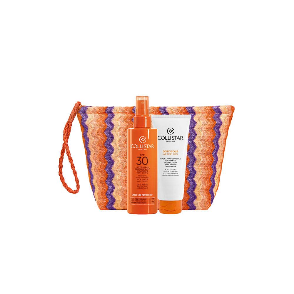 Coffret cadeau avec trousse, spray solaire SPF30 et baume après-soleil. Emballage avec logo et texte.