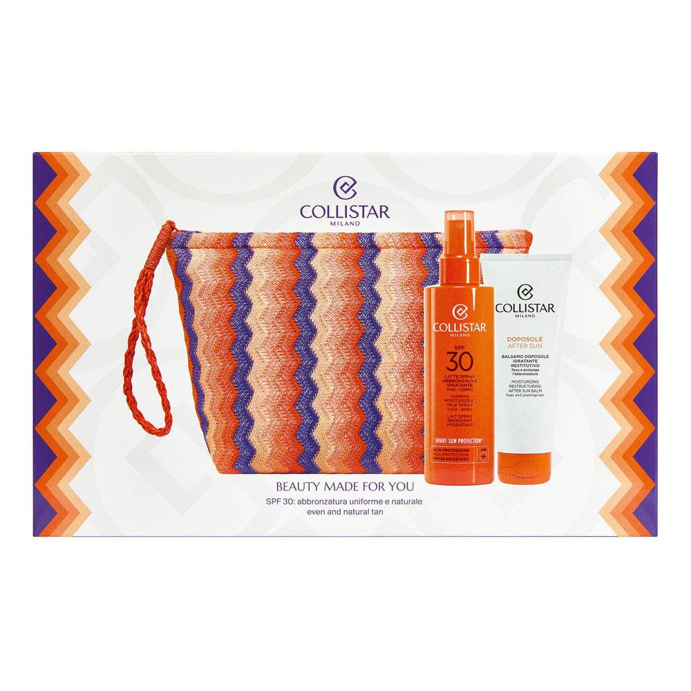 Coffret cadeau avec trousse, spray solaire SPF30 et baume après-soleil. Emballage avec logo et texte.