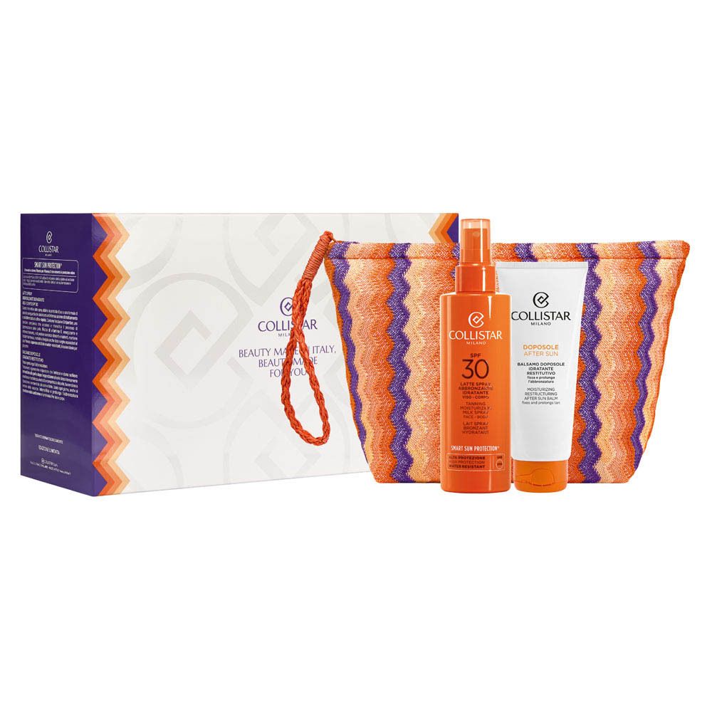 Coffret cadeau avec trousse, spray solaire SPF30 et baume après-soleil. Emballage avec logo et texte.