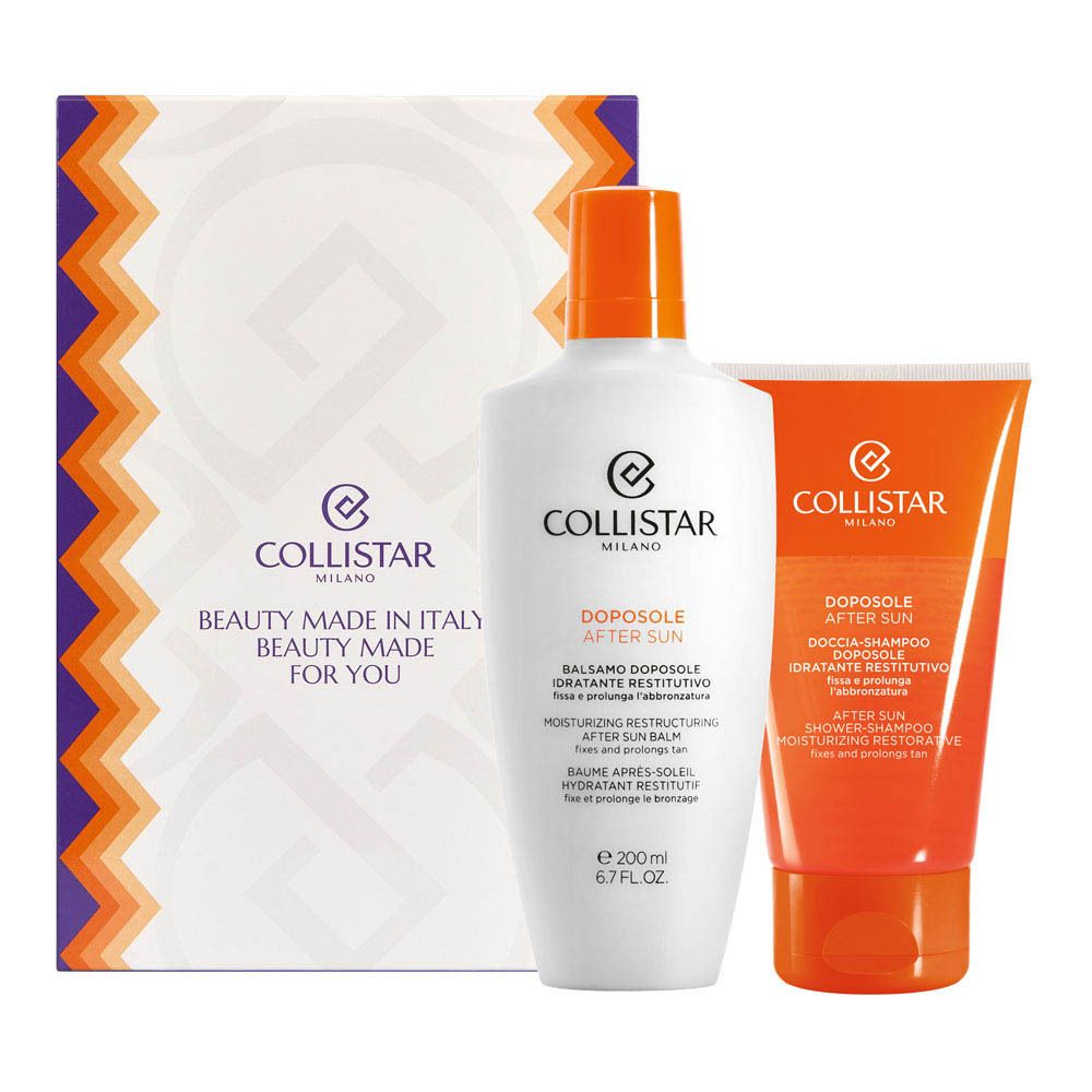 Deux produits : flacon blanc et tube orange. Logo Collistar et texte : Beauty made for you. Sur fond blanc.