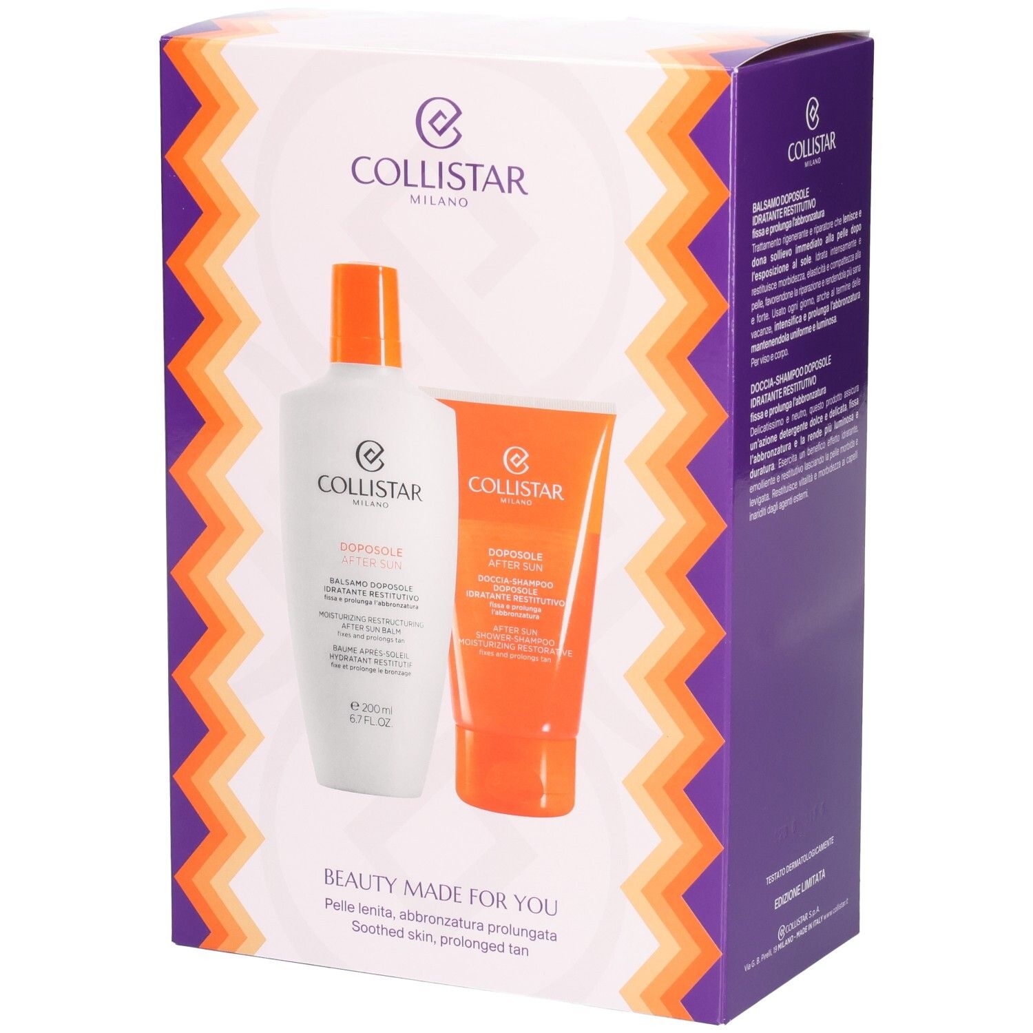 Geschenkset mit zwei Produkten. Eine weiße Flasche und eine orangefarbene Tube in einer lila Box. Collistar-Logo sichtbar.
