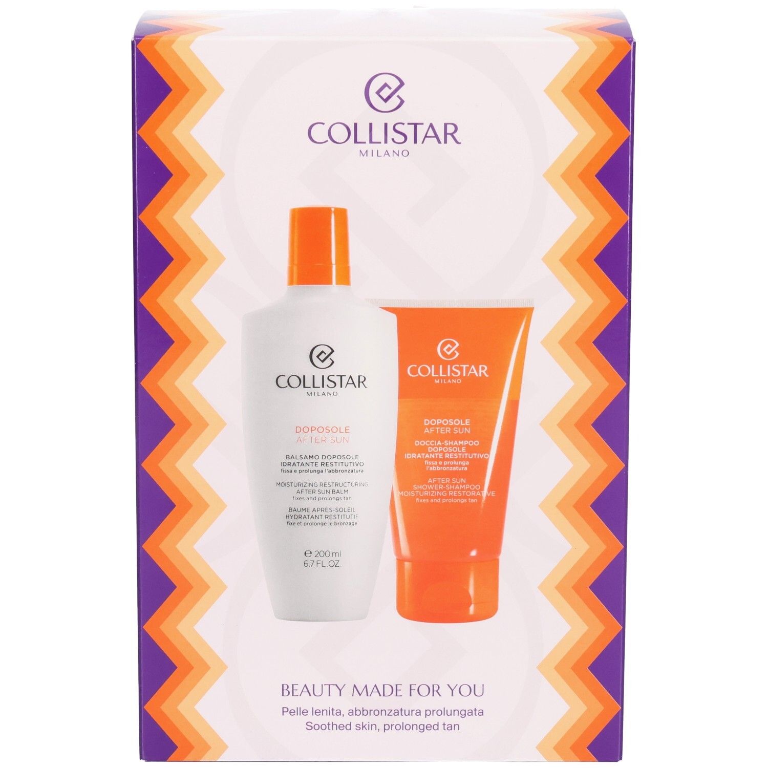 Geschenkset mit zwei Produkten. Weiße Flasche und orangefarbene Tube. Collistar-Logo und Text: Beauty made for you.