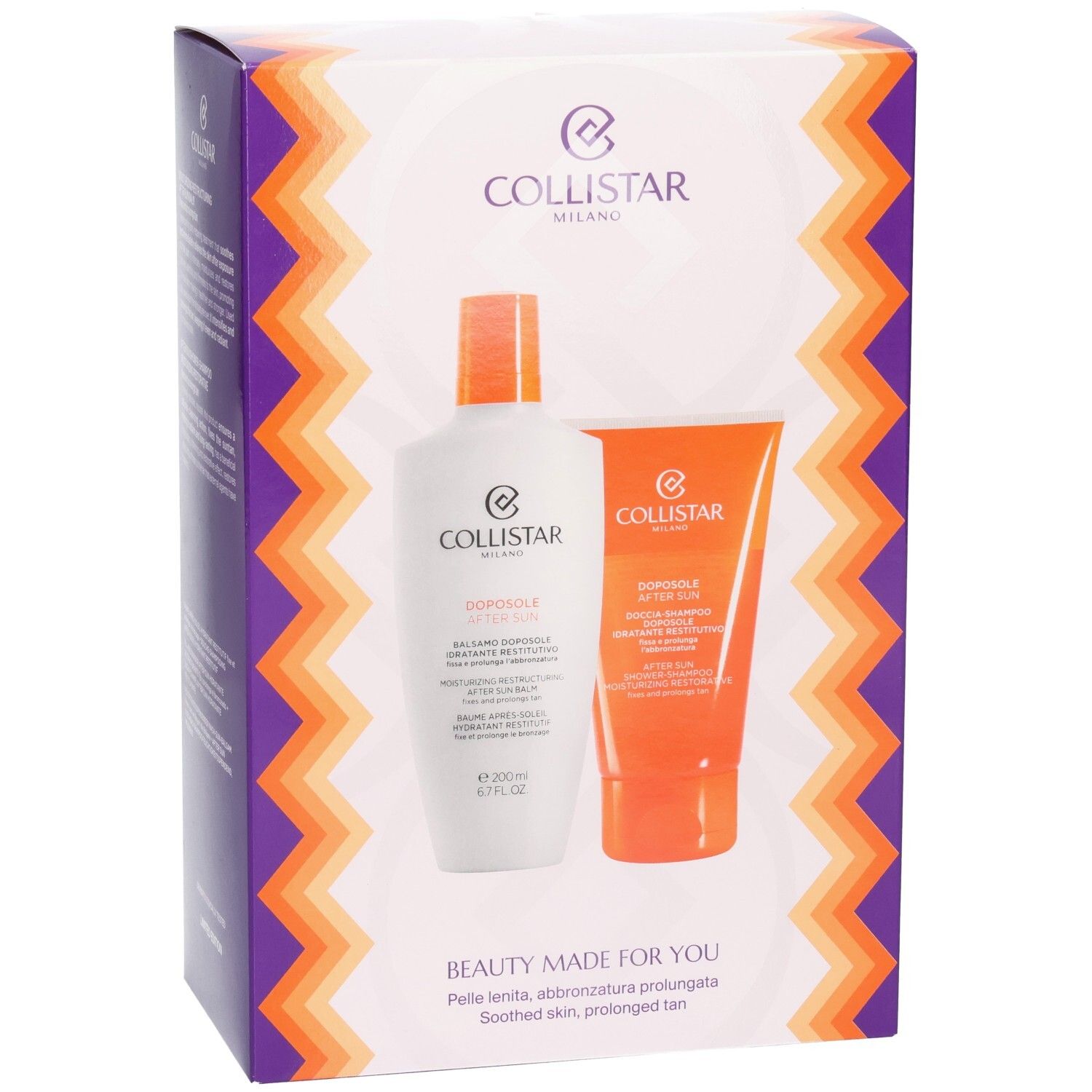 Geschenkset mit zwei Produkten. Weiße Flasche und orangefarbene Tube. Collistar-Logo und Text: Beauty made for you.