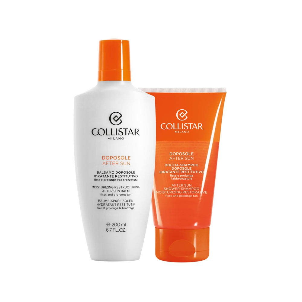 Deux produits : flacon blanc et tube orange. Logo Collistar et texte : Beauty made for you. Vue rapprochée.