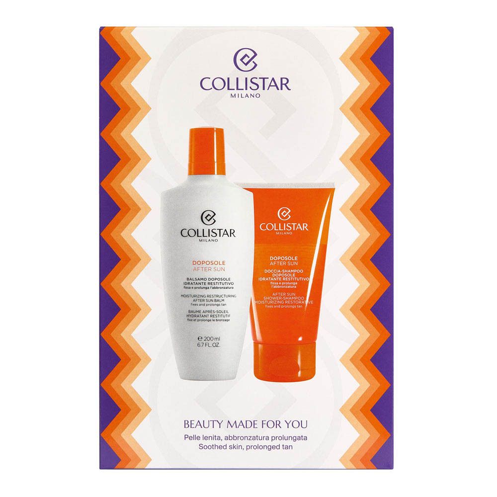 Deux produits : flacon blanc et tube orange. Logo Collistar et texte : Beauty made for you. Vue rapprochée.