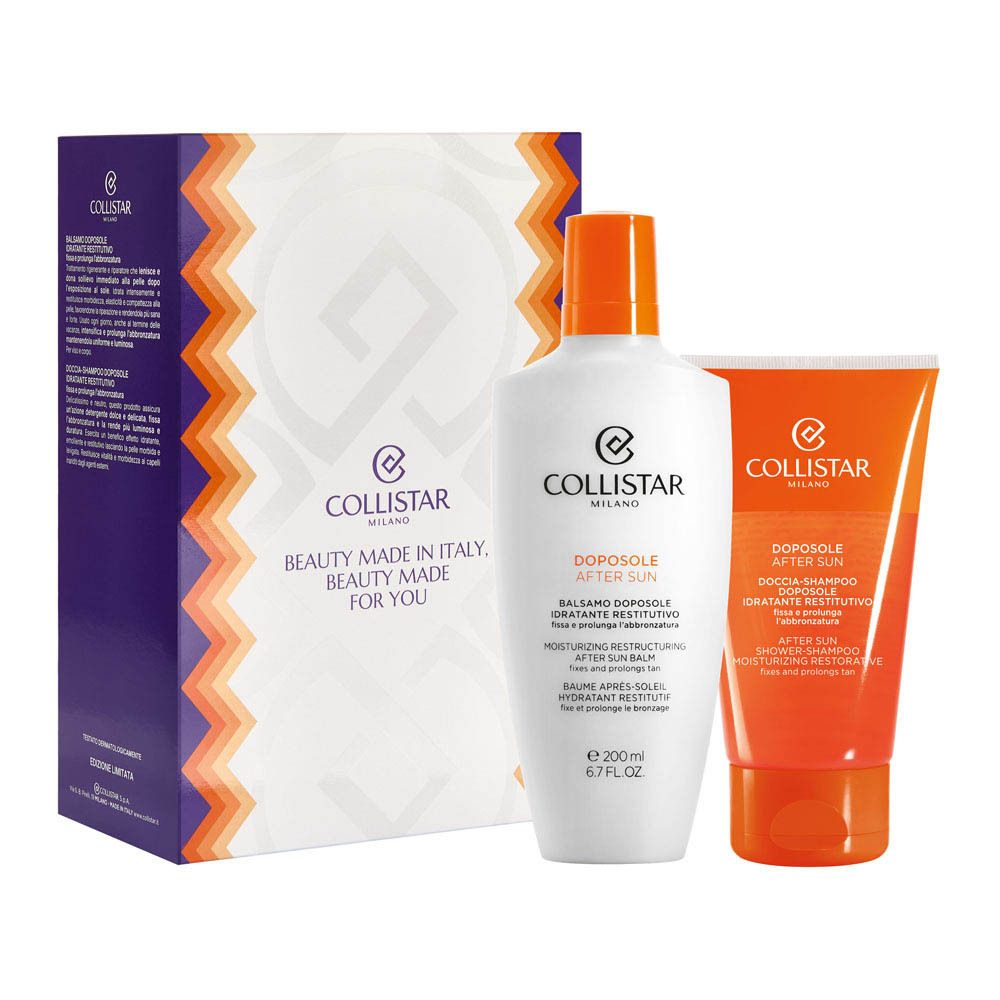 Deux produits : flacon blanc et tube orange. Logo Collistar et texte : Beauty made for you. Vue rapprochée.