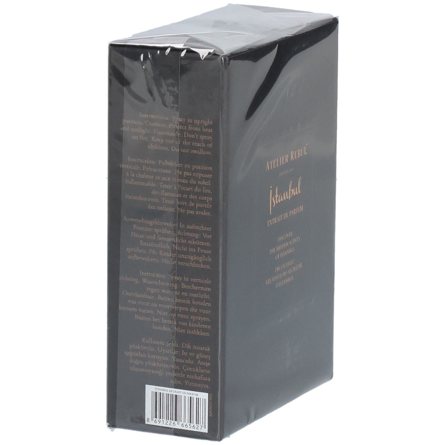 Rückseite der Verpackung von Atelier Rebul Istanbul Extrait de Parfum mit Produktinformationen.