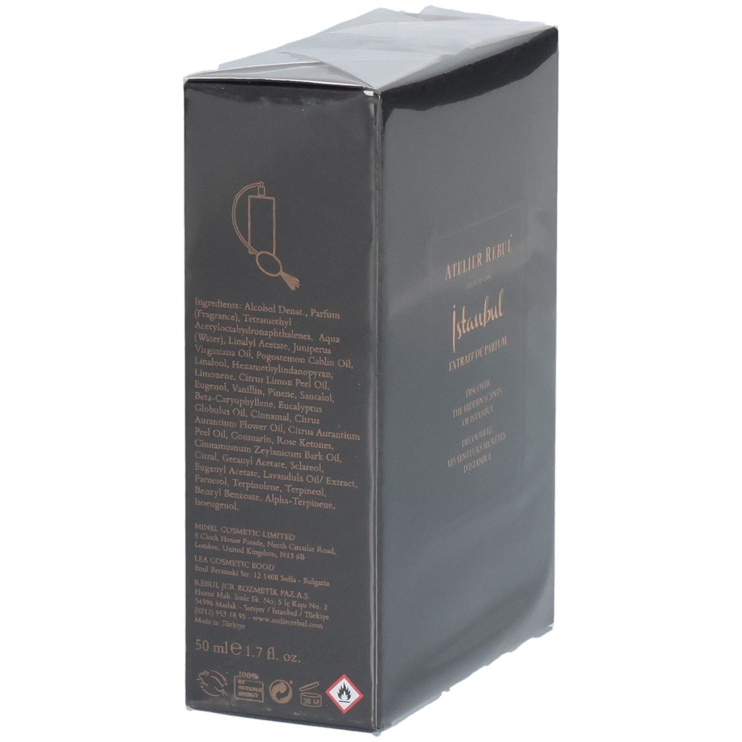 Seitenansicht der Verpackung von Atelier Rebul Istanbul Extrait de Parfum mit Inhaltsstoffen.