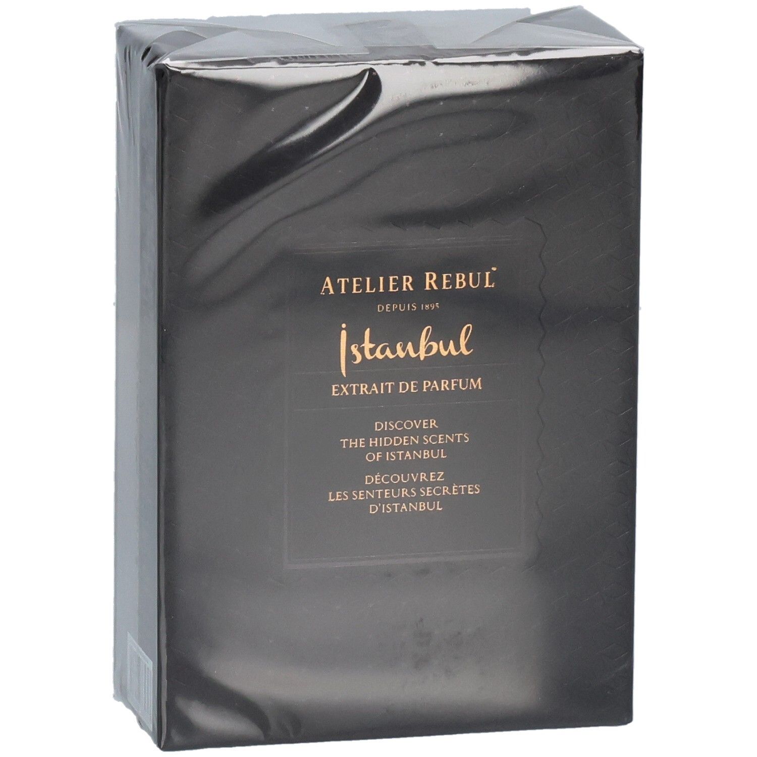 Verpackung von Atelier Rebul Istanbul Extrait de Parfum, leicht von der Seite.