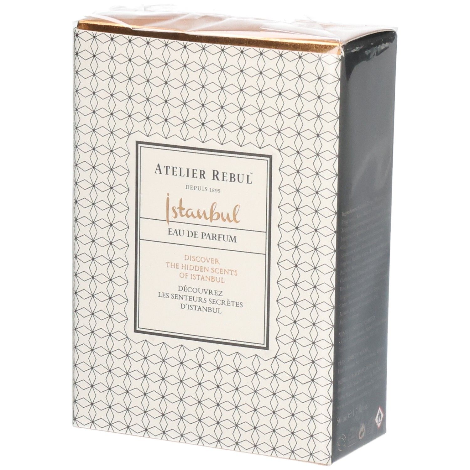 Verpackung von Atelier Rebul Istanbul Eau de Parfum mit geometrischem Muster.