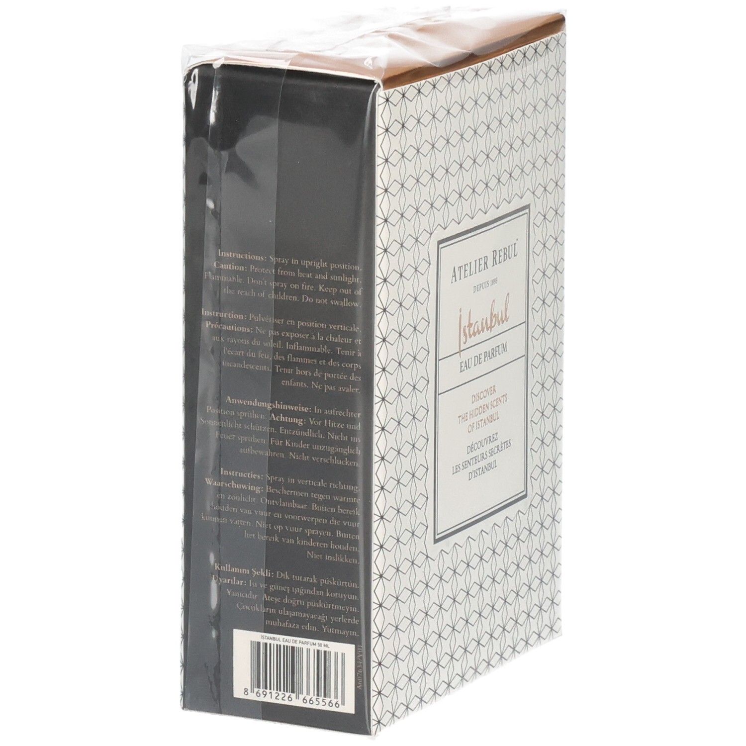 Rückseite der Atelier Rebul Istanbul Eau de Parfum Verpackung mit Warnhinweisen.