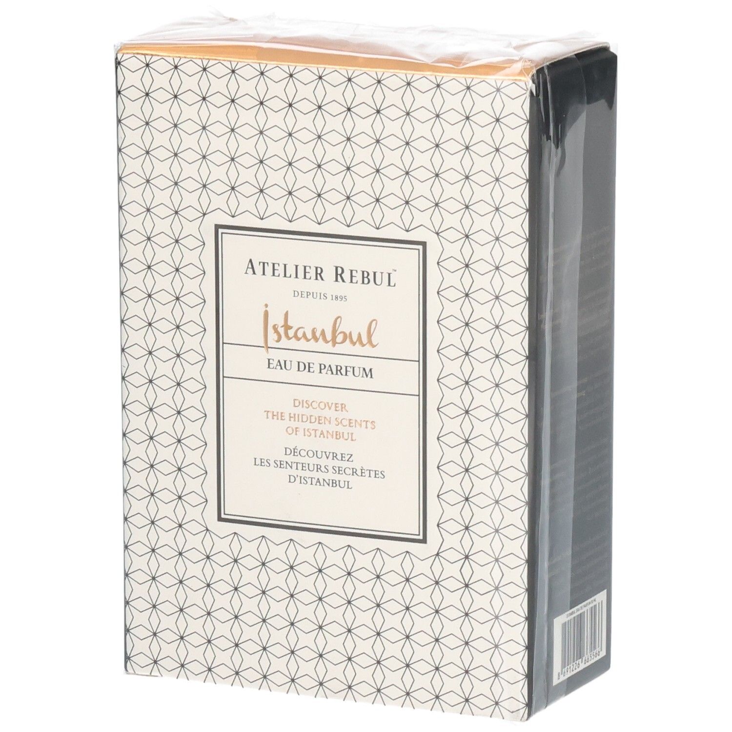 Verpackung von Atelier Rebul Istanbul Eau de Parfum, Vorderseite mit geometrischem Muster.