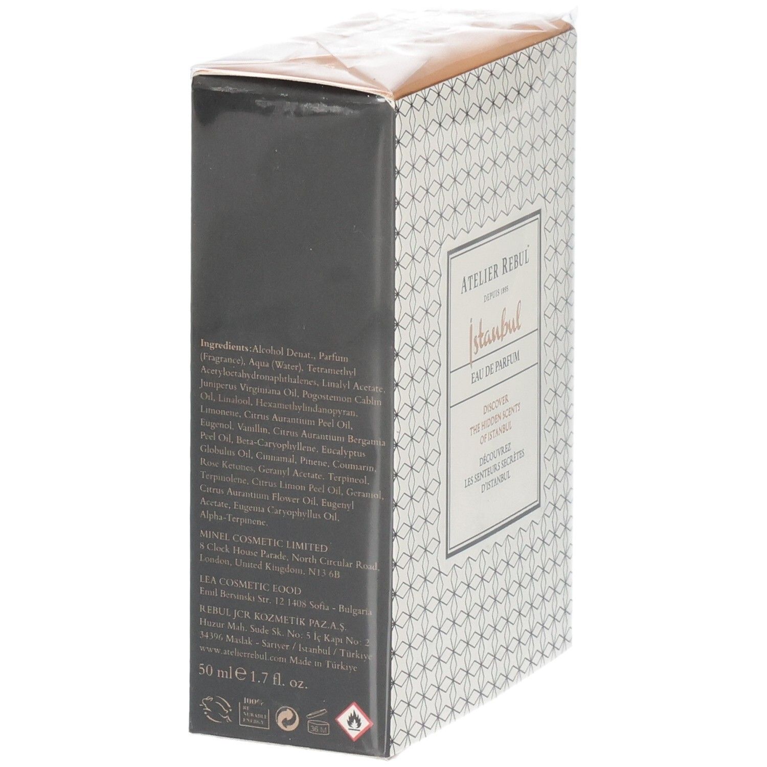 Seite der Atelier Rebul Istanbul Eau de Parfum Verpackung mit Inhaltsstoffen.