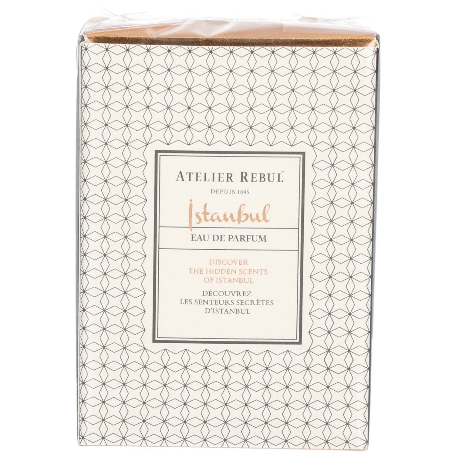 Verpackung von Atelier Rebul Istanbul Eau de Parfum, Vorderseite mit geometrischem Muster.