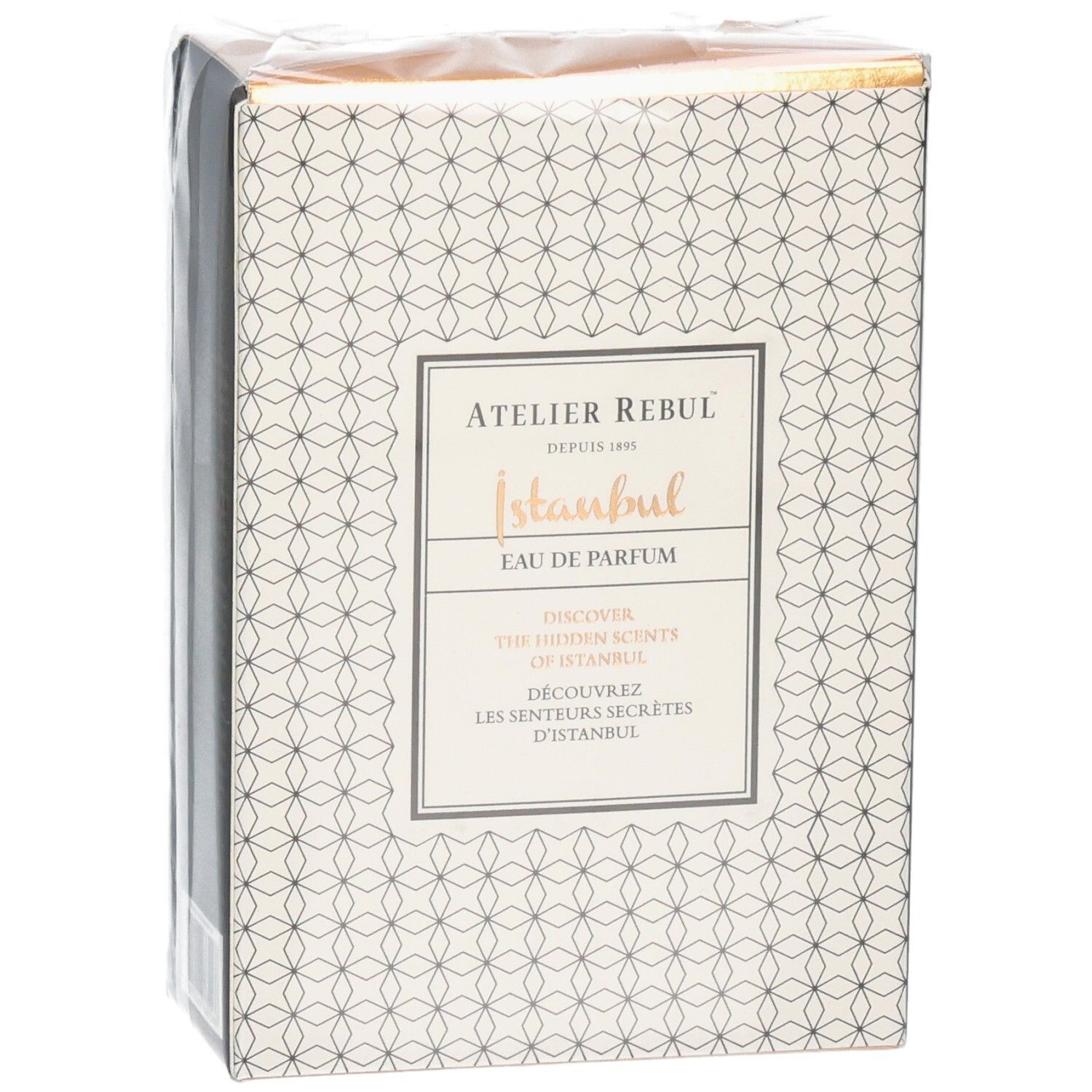 Verpackung von Atelier Rebul Istanbul Eau de Parfum, Vorderseite mit geometrischem Muster.