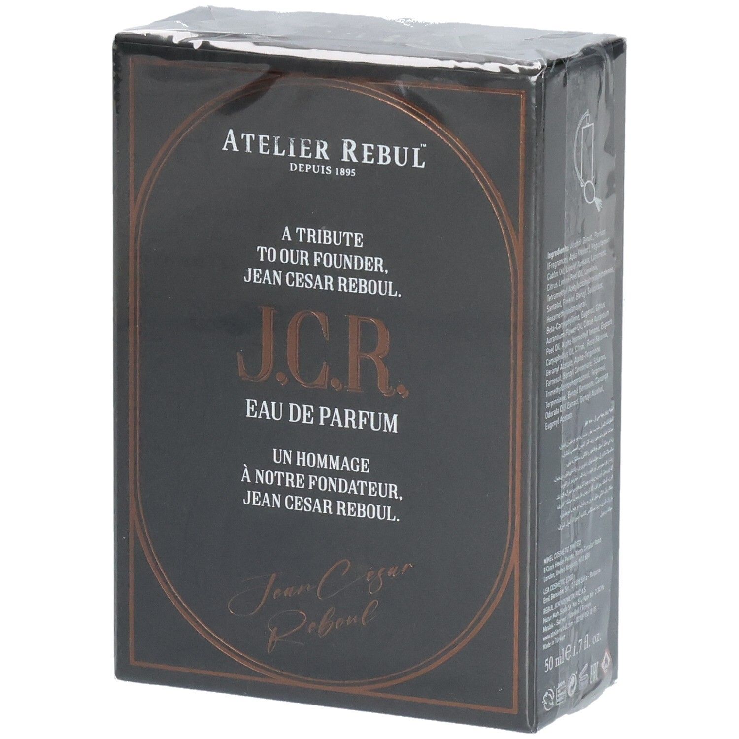 Schwarze Parfümverpackung mit goldener Schrift. Zeigt Atelier Rebul J.C.R. Eau de Parfum.