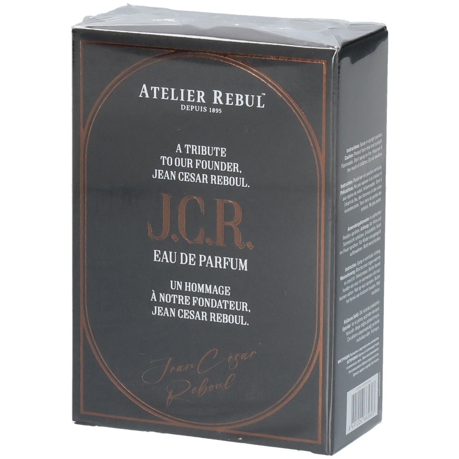 Schwarze Parfümverpackung mit goldener Schrift. Zeigt Atelier Rebul J.C.R. Eau de Parfum.