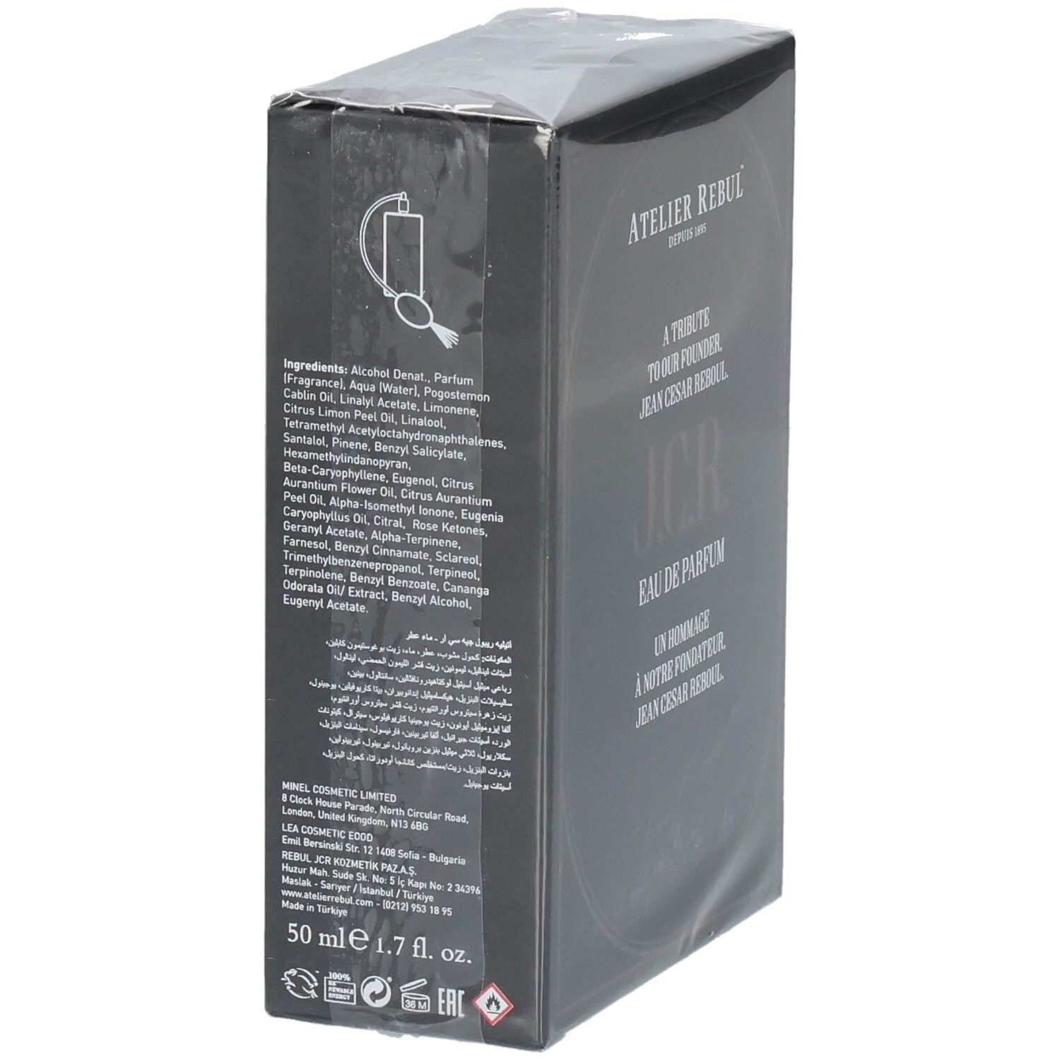 Schwarze Parfümverpackung mit Inhaltsstoffangaben und Größenangabe 50 ml.