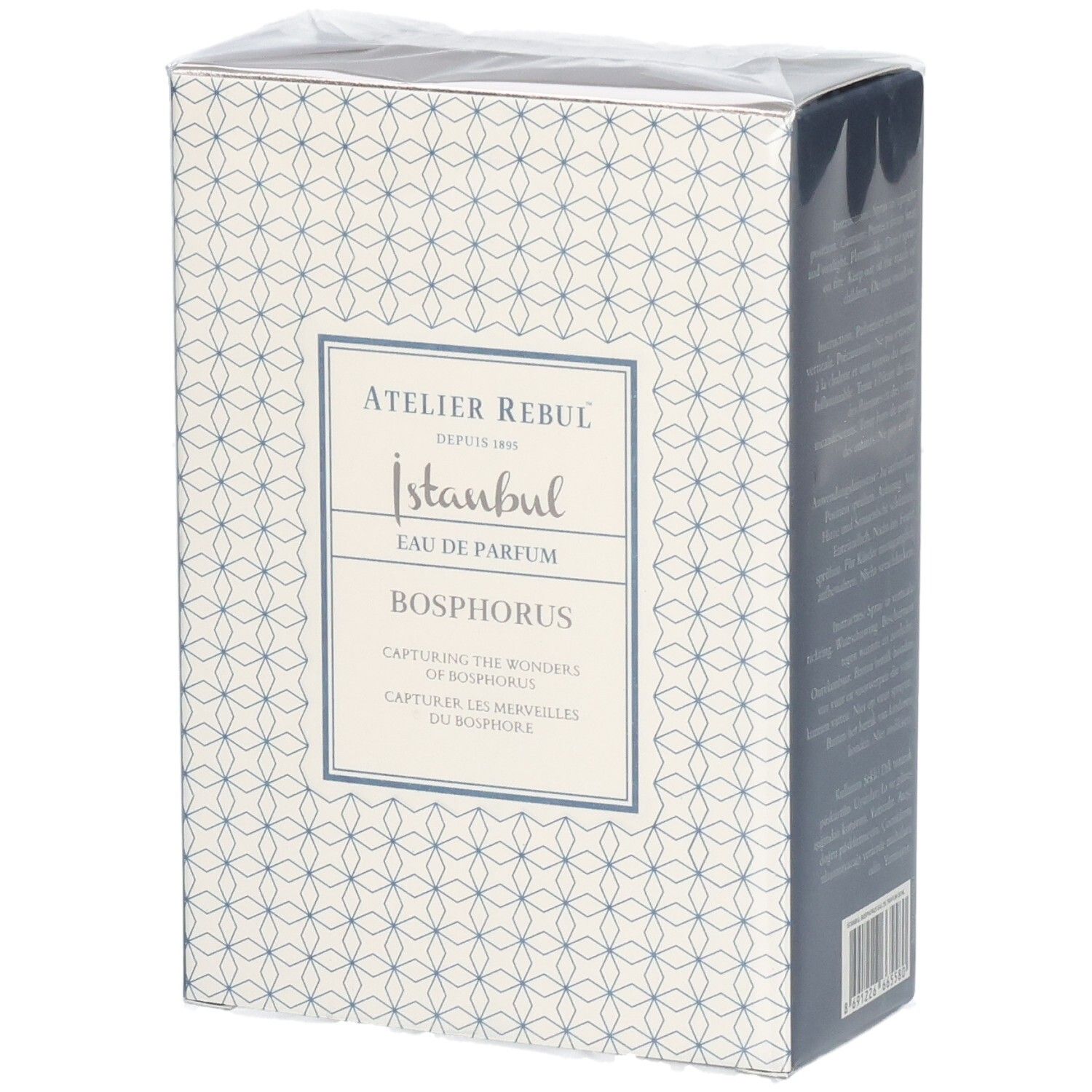 Emballage de l'Eau de Parfum Istanbul Bosphorus d'Atelier Rebul avec motif géométrique.
