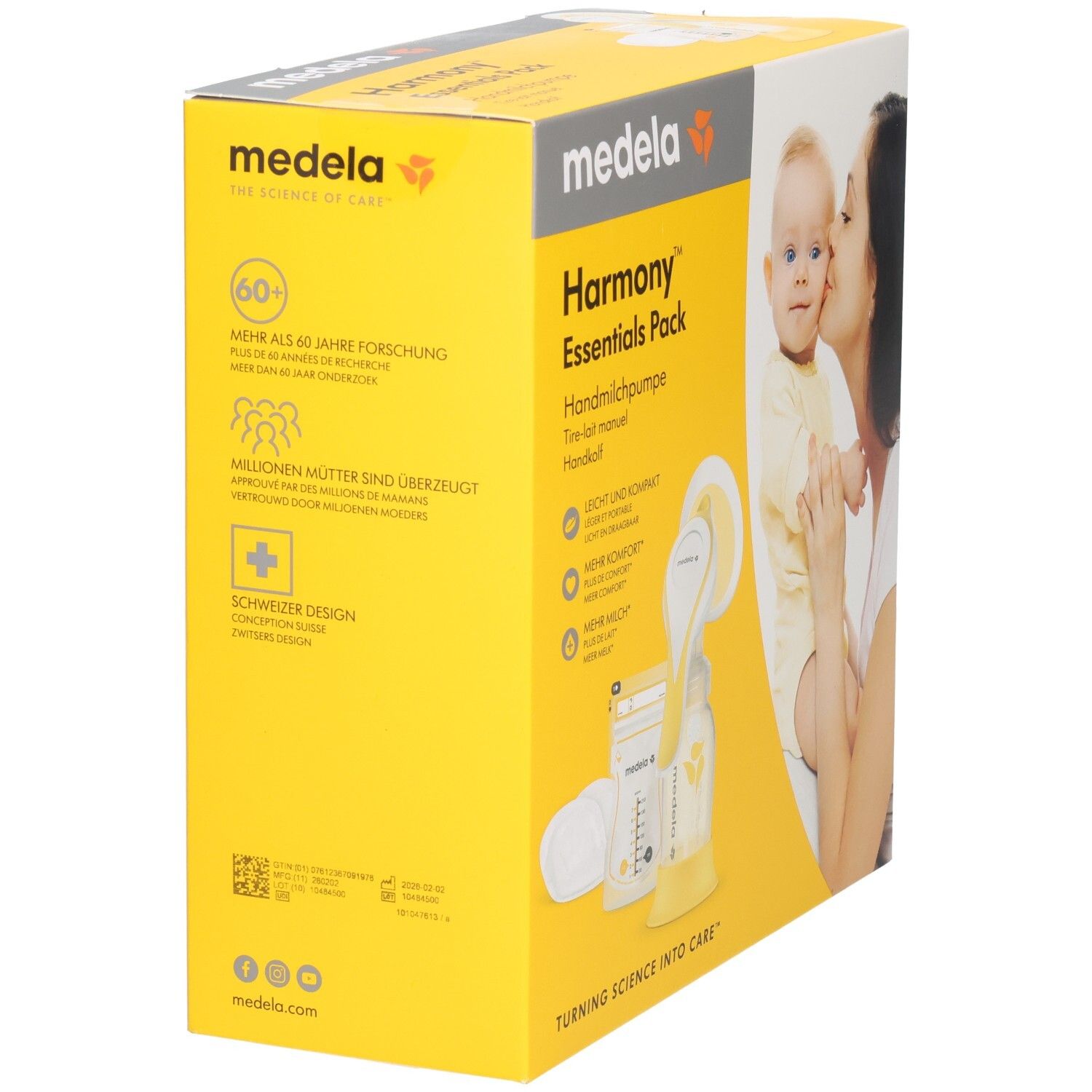 Verpackung Medela Harmony Essentials Pack. Gelb und grau. Text: Harmony Essentials Pack, Handmilchpumpe. Aufdrucke mit Baby und Mutter.