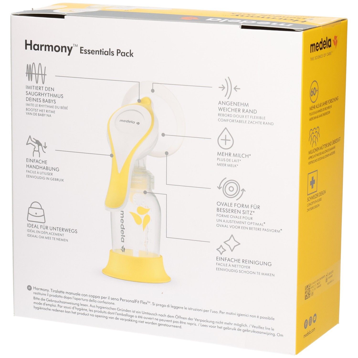Rückseite der Medela Harmony Essentials Pack Verpackung. Zeichnung der Handmilchpumpe und ihrer Komponenten. Text und Piktogramme.