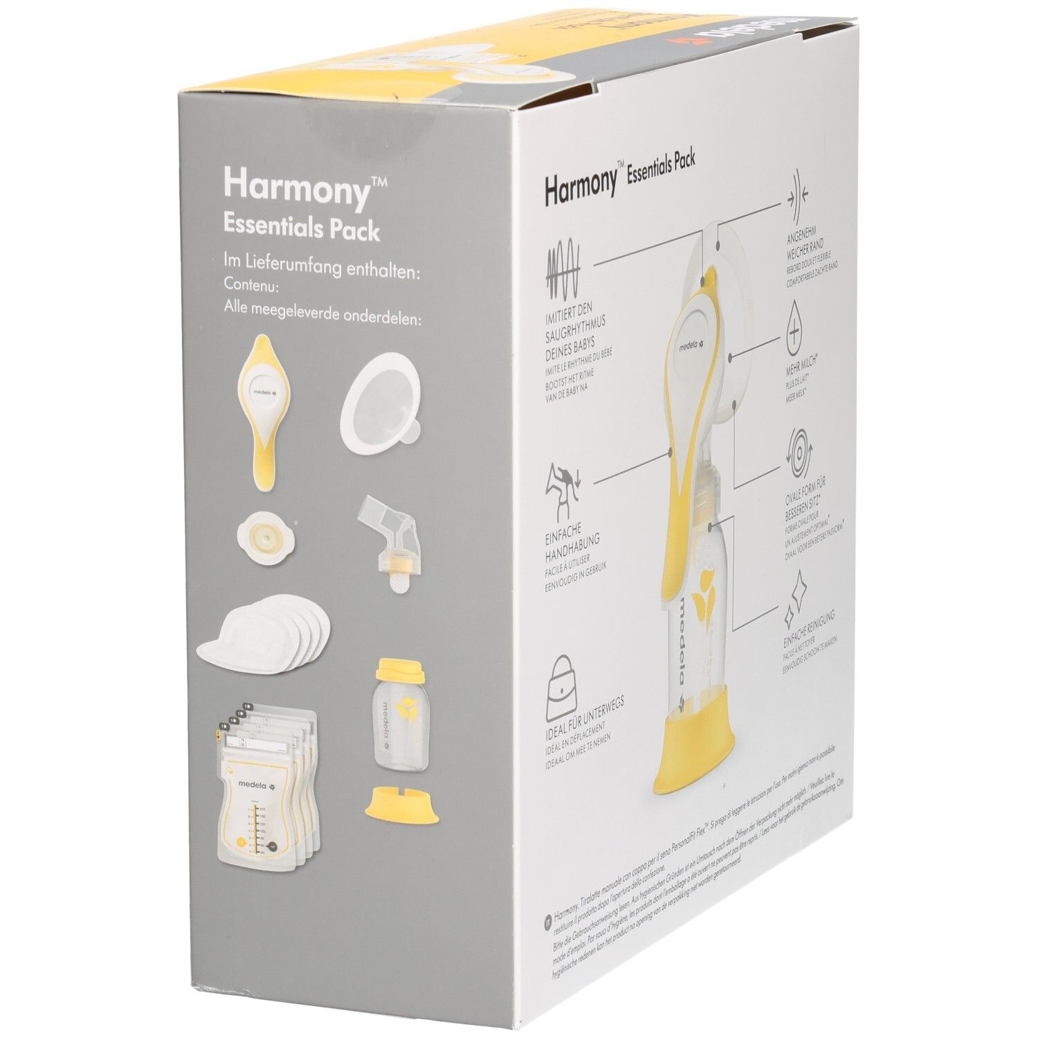 Medela Harmony Essentials Pack Verpackung. Enthält Handmilchpumpe, Flaschen, Stilleinlagen und Zubehör. Gelb und grau.