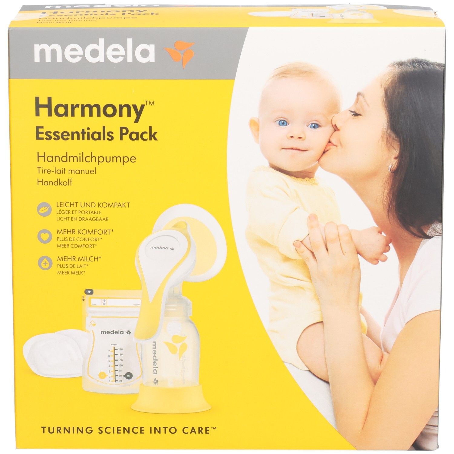 Medela Harmony Essentials Pack Verpackung. Gelb und grau. Enthält Handmilchpumpe und Zubehör. Aufdrucke mit Baby und Mutter.