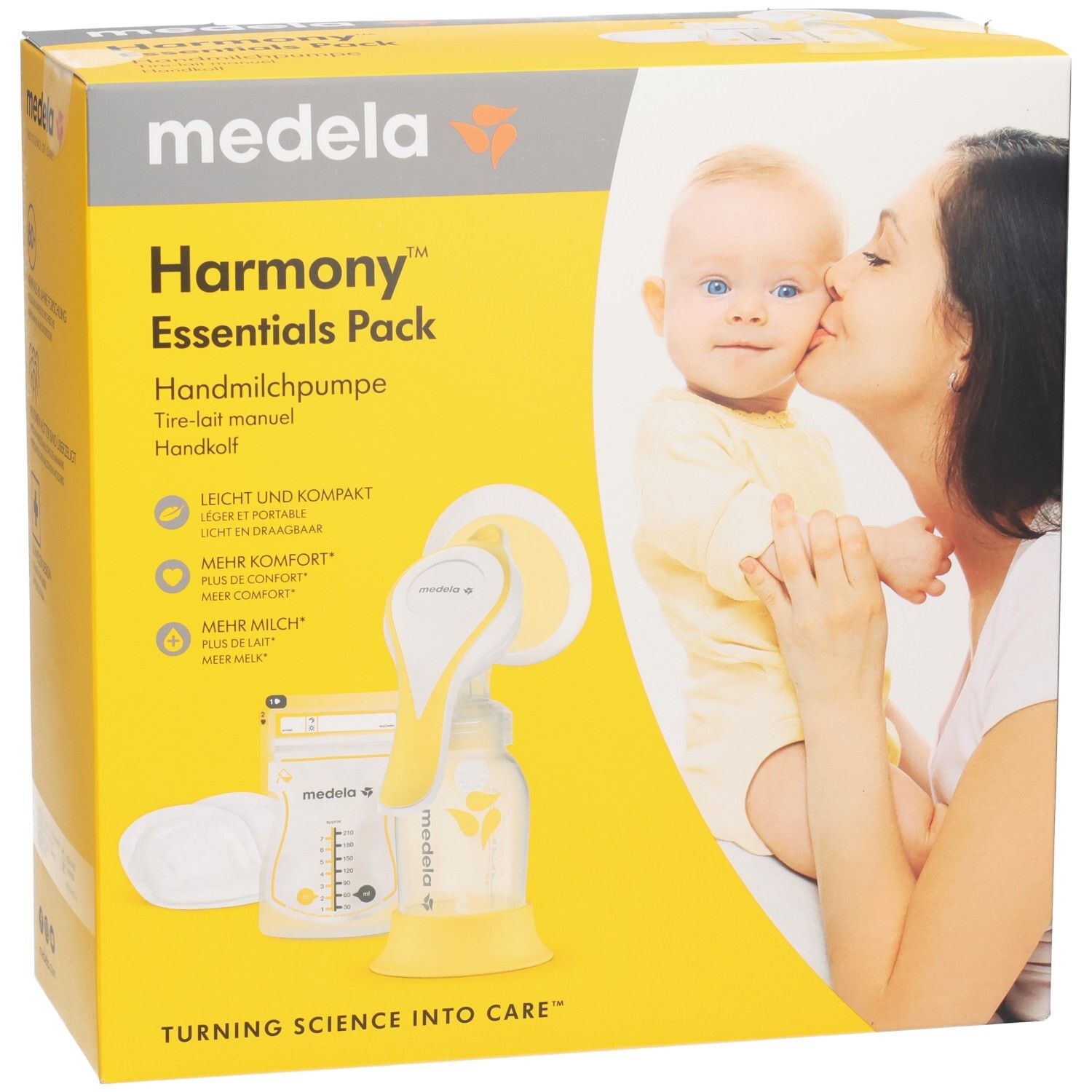 Medela Harmony Essentials Pack Verpackung. Gelb und grau. Enthält Handmilchpumpe und Zubehör. Aufdrucke mit Baby und Mutter.