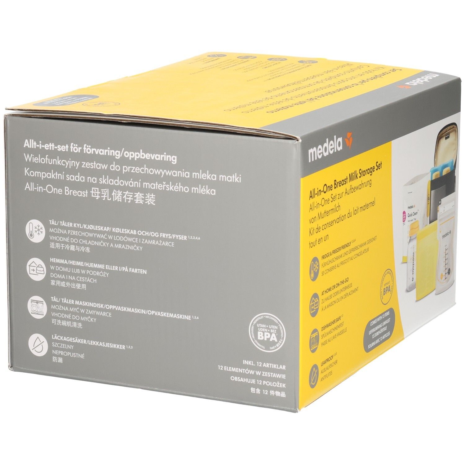 Ensemble de conservation de lait maternel MEDELA All-in-One. Emballage multilingue. Logo BPA. Contient 12 articles.