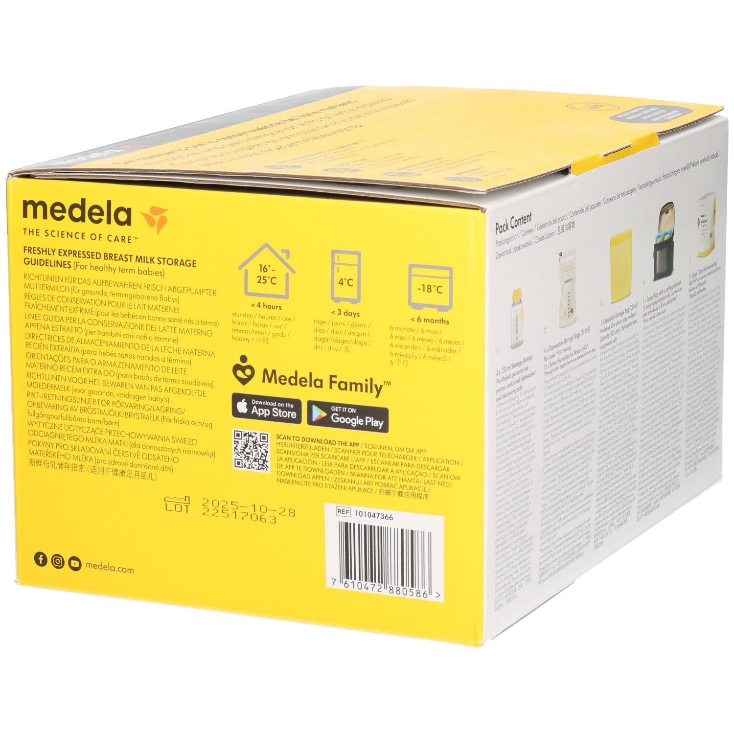 Dos de l'emballage MEDELA All-in-One Breast Milk Storage Set. Contient des informations de température et d'application.