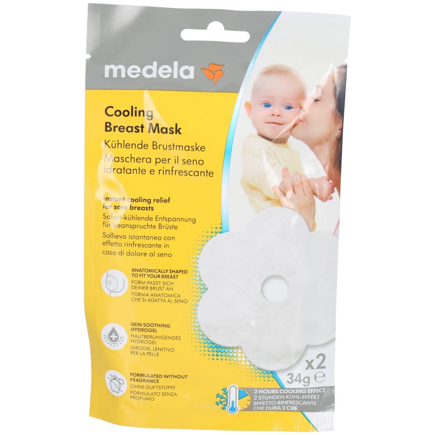 Verpackung mit Medela Cooling Breast Mask. Zwei Masken, blütenförmig, weiß. Text: Kühlende Brustmaske, 34g, 2 Stück.