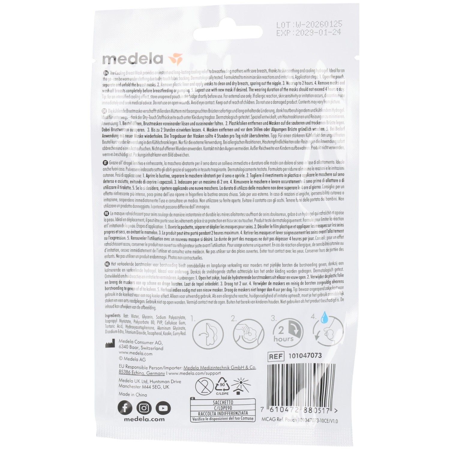Rückseite der Verpackung. Text in mehreren Sprachen. Illustrationen: Maske, 2 Stunden Kühlung, Tropfen. Referenznummer und Barcode.