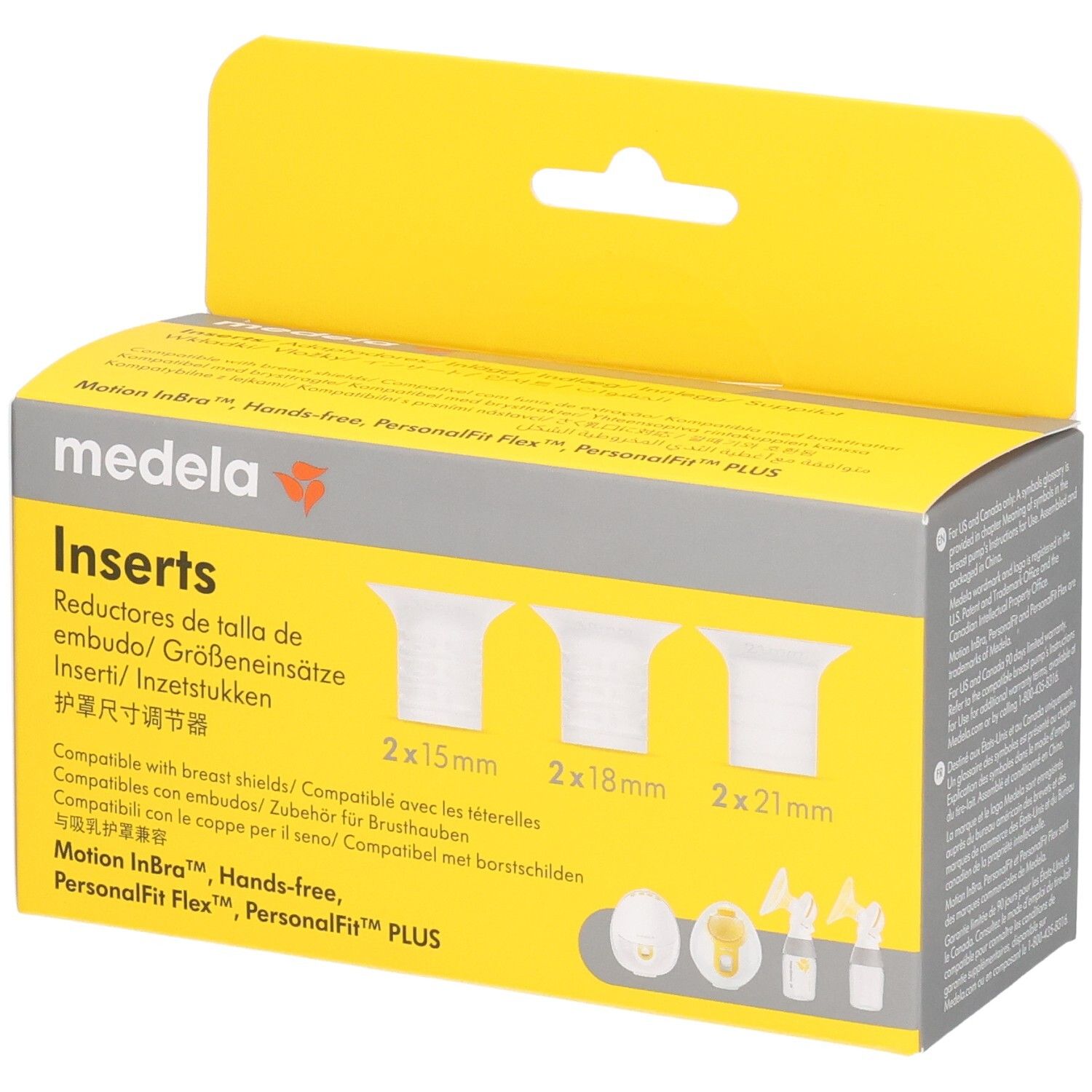 Gelbe Verpackung mit Medela-Logo und Produktnamen "Inserts". Enthält drei Größen: 2x15mm, 2x18mm, 2x21mm. Kompatibel mit Brusthauben.