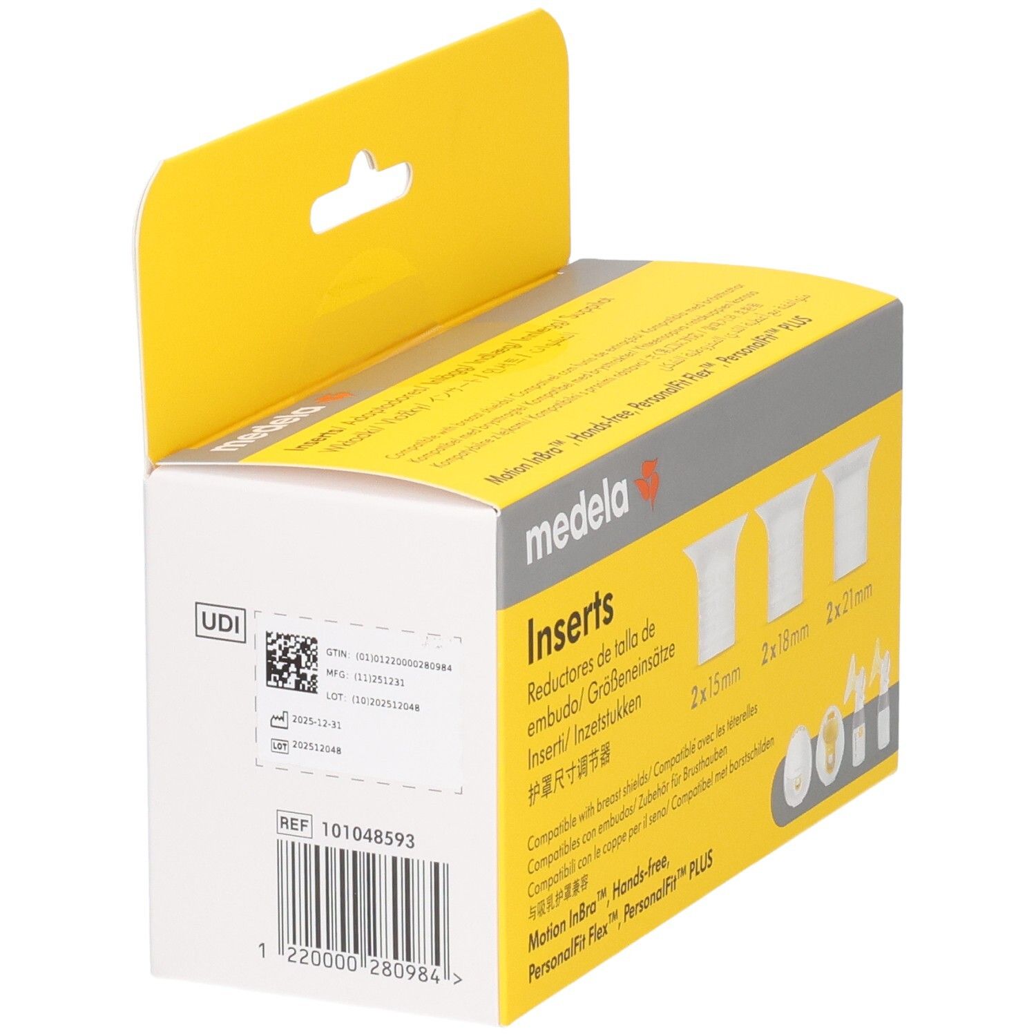 Verpackung von Medela Inserts. Rückseite mit Produktinformationen, Barcode und UDI-Code. Gelbe und weiße Farbgebung.