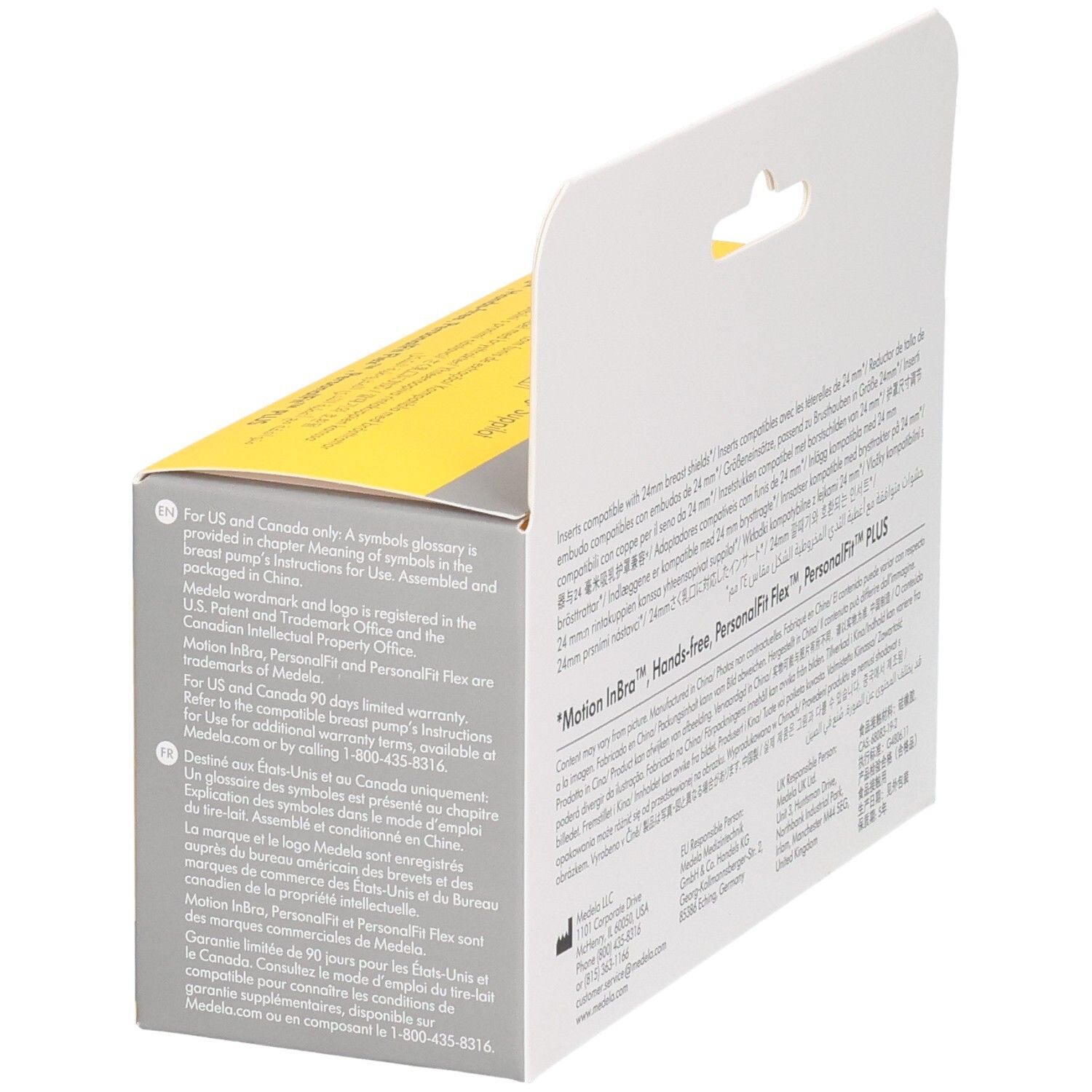Seite der Medela Inserts Verpackung. Text in mehreren Sprachen. Informationen zu Marken und Garantie.