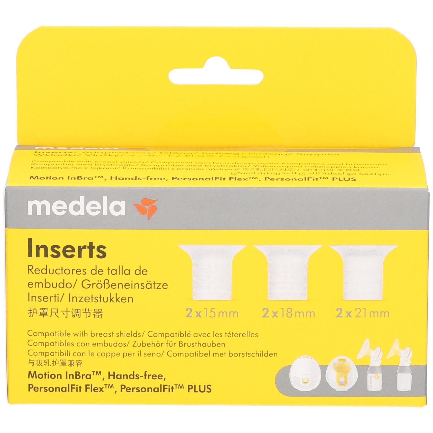 Gelbe Verpackung mit Medela-Logo und Produktnamen "Inserts". Enthält drei Größen: 2x15mm, 2x18mm, 2x21mm. Kompatibel mit Brusthauben.