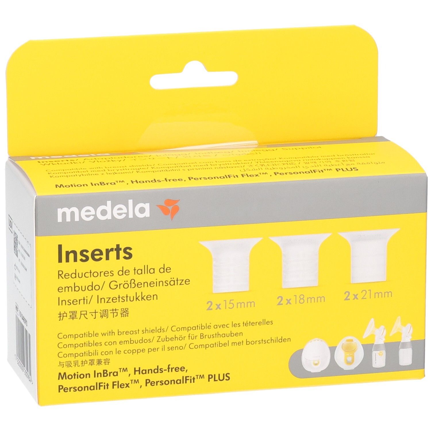 Gelbe Verpackung mit Medela-Logo und Produktnamen "Inserts". Enthält drei Größen: 2x15mm, 2x18mm, 2x21mm. Kompatibel mit Brusthauben.