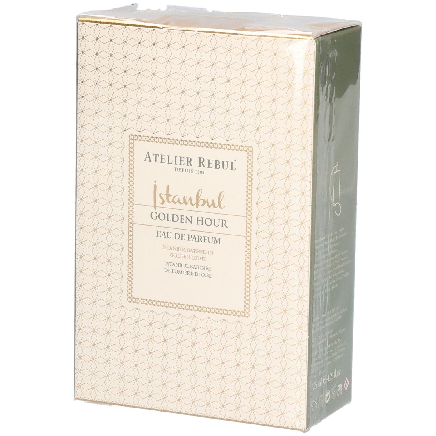 Emballage Atelier Rebul Istanbul Golden Hour Eau de Parfum. Boîte beige à motifs dorés, nom du produit visible.