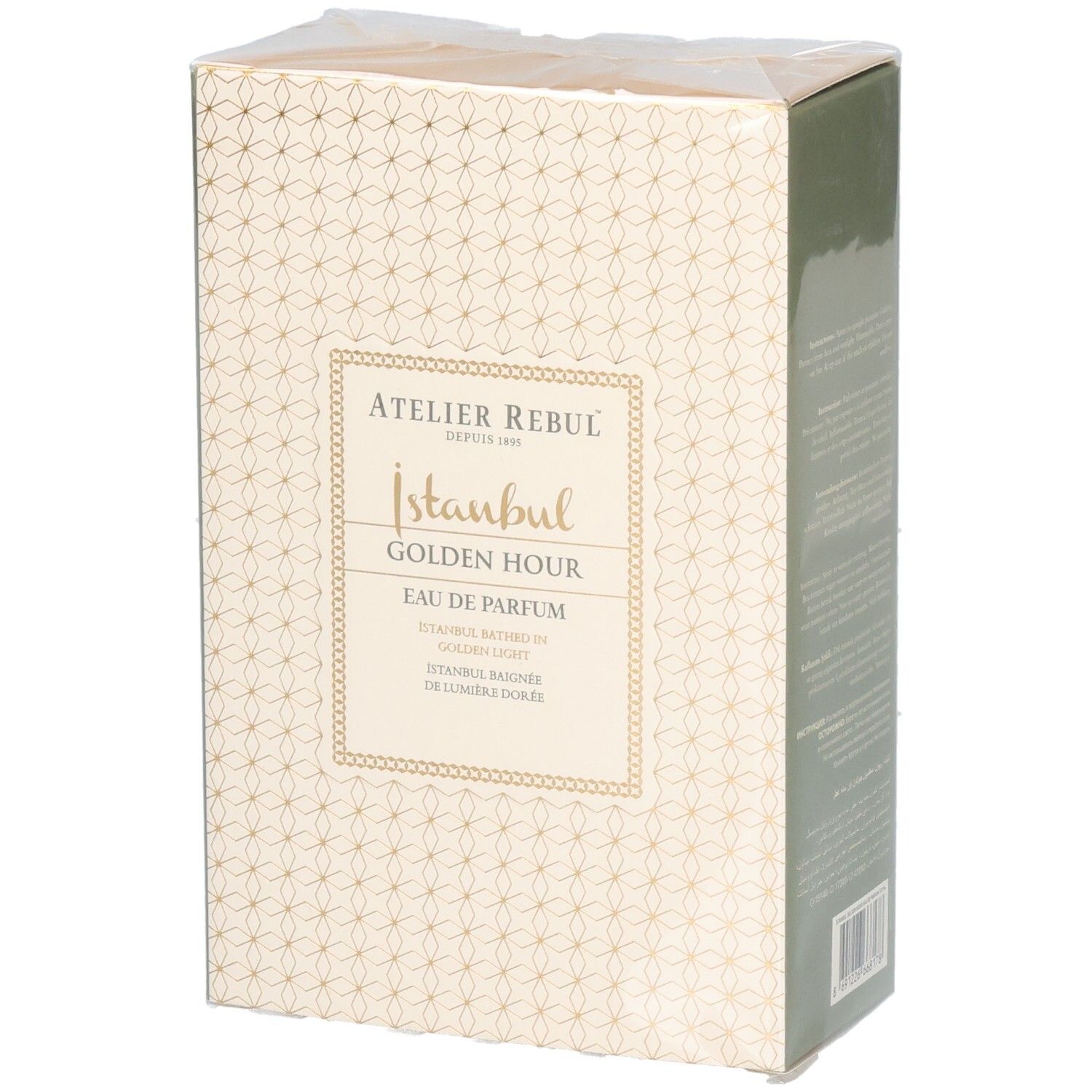 Emballage Atelier Rebul Istanbul Golden Hour Eau de Parfum. Boîte beige à motifs dorés, nom du produit visible.